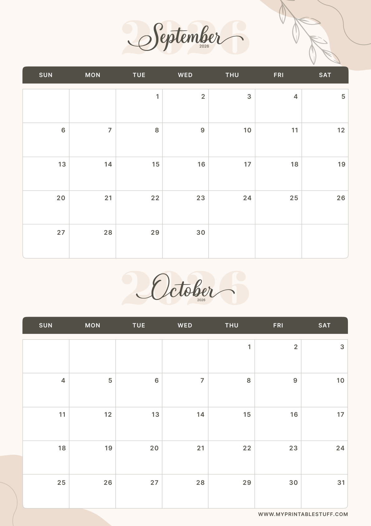 Soft Elegance Design September October 2026 Calendar Portrait