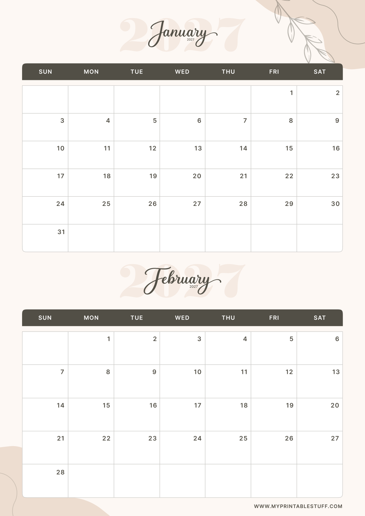 Soft Elegance Design January February 2026 Calendar Portrait