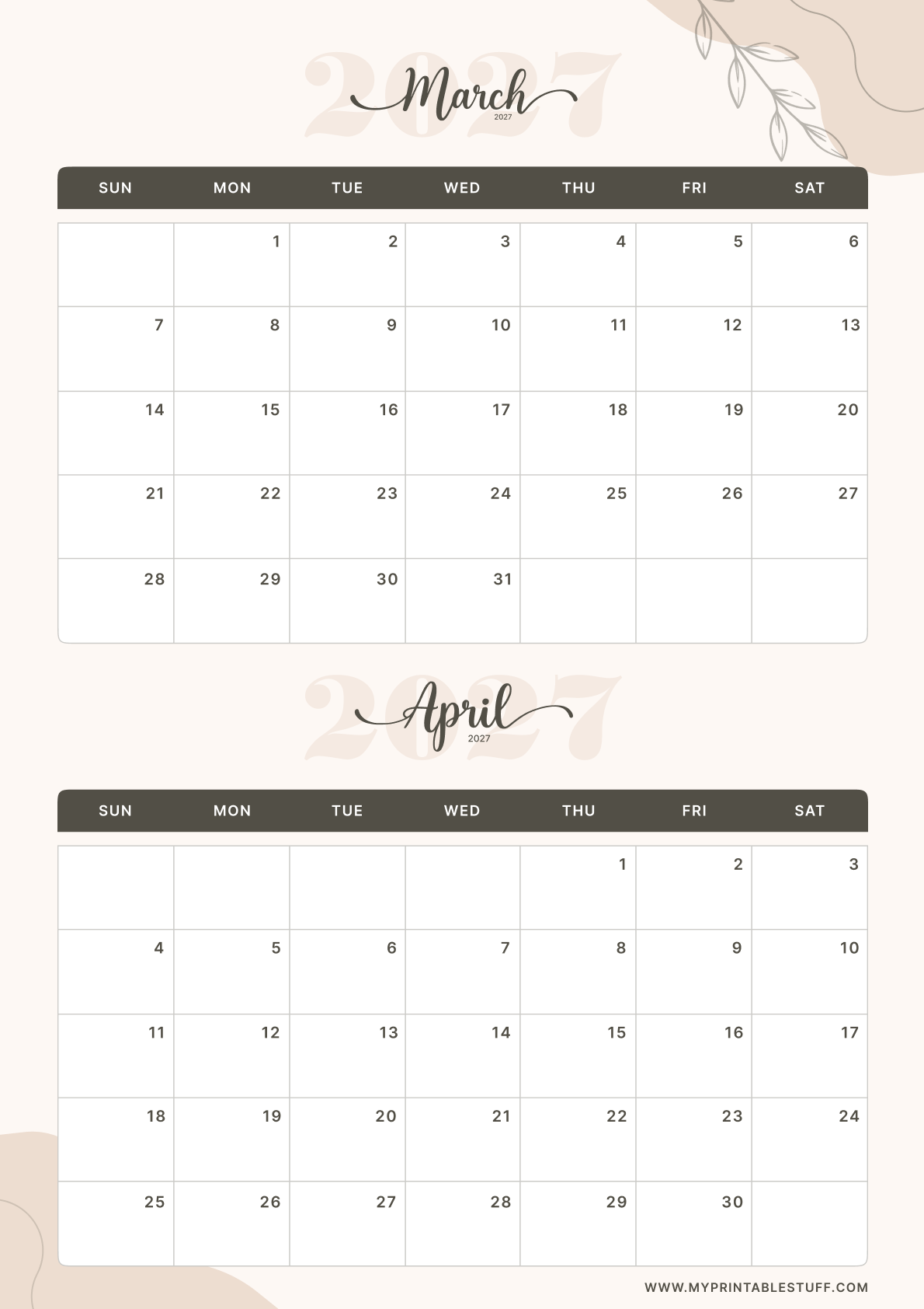 Soft Elegance Design March April 2027 Calendar Portrait