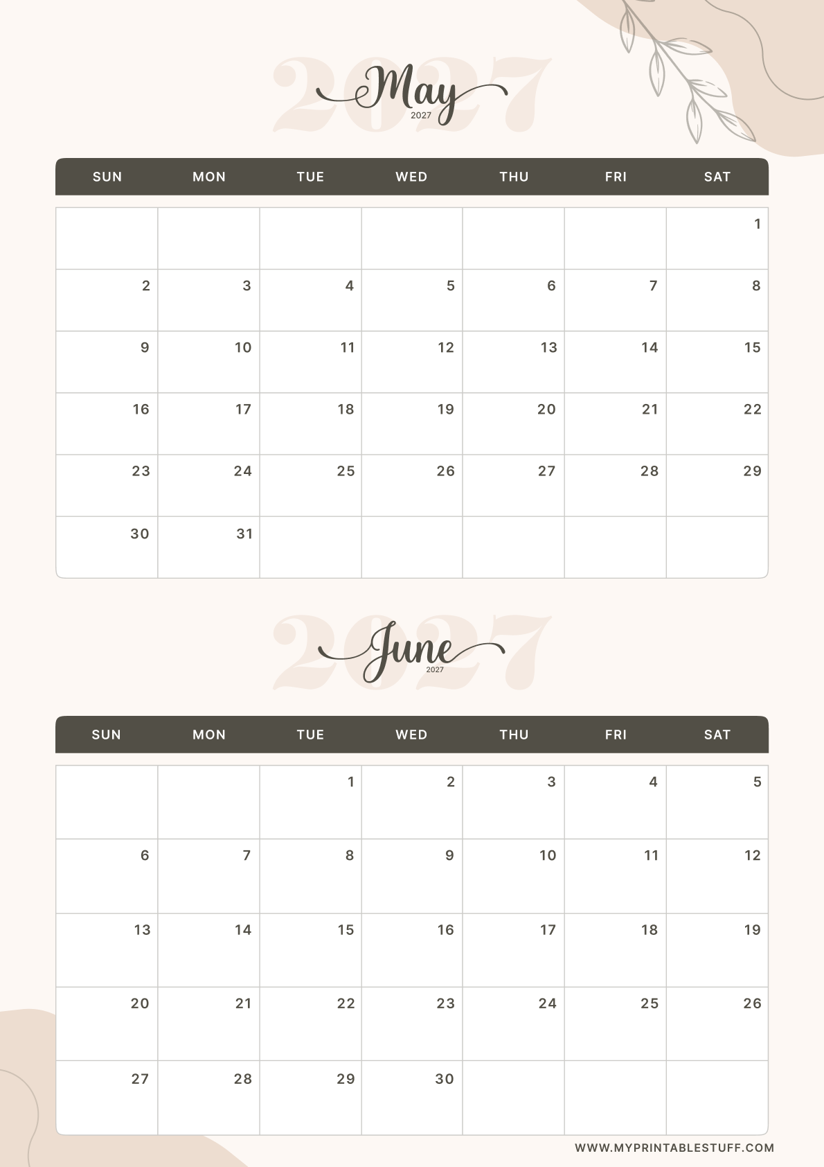 Soft Elegance Design May June 2027 Calendar Portrait