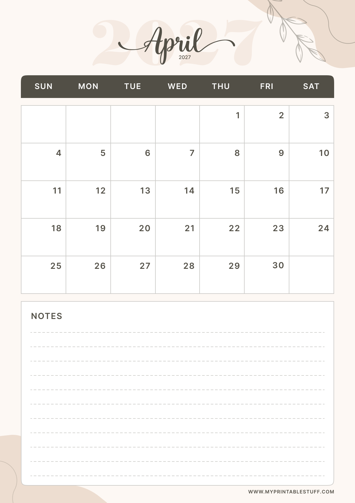 Soft Elegance Design April 2027 Calendar Portrait