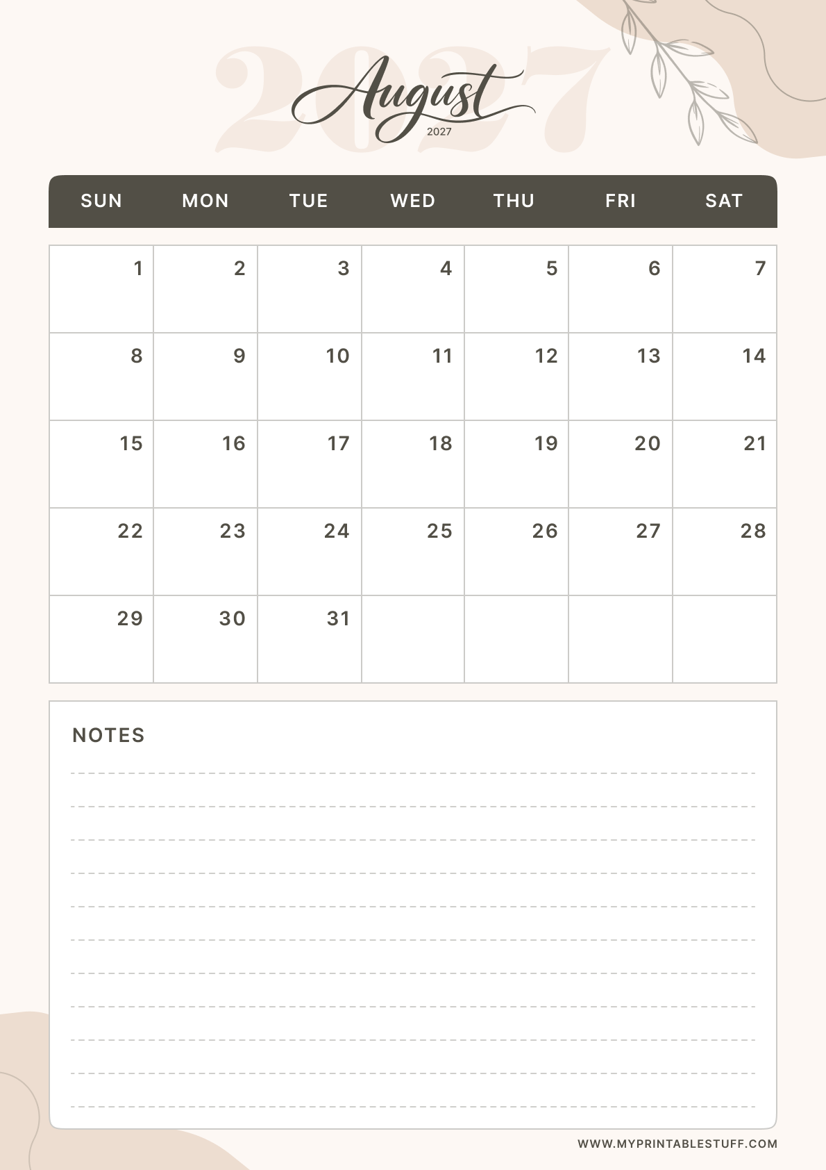 Soft Elegance Design August 2027 Calendar Portrait