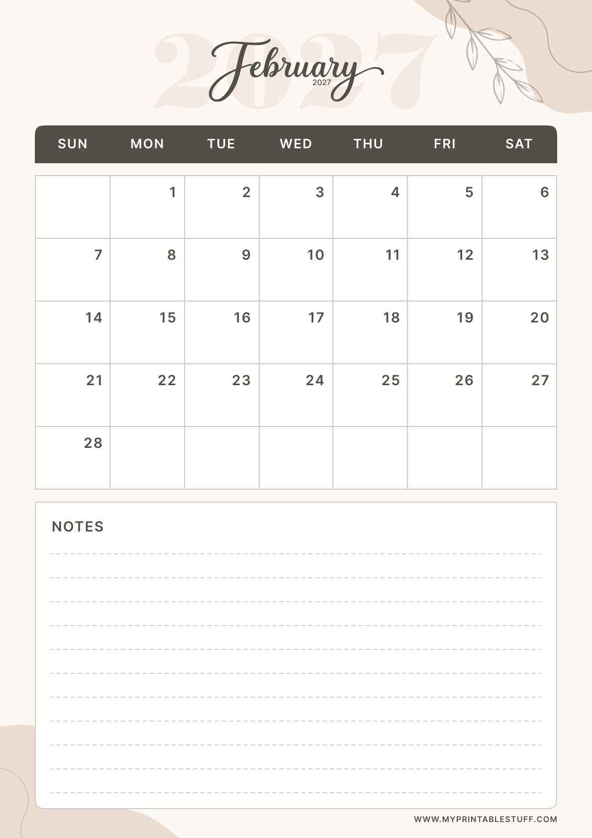 Soft Elegance Design February 2027 Calendar Portrait