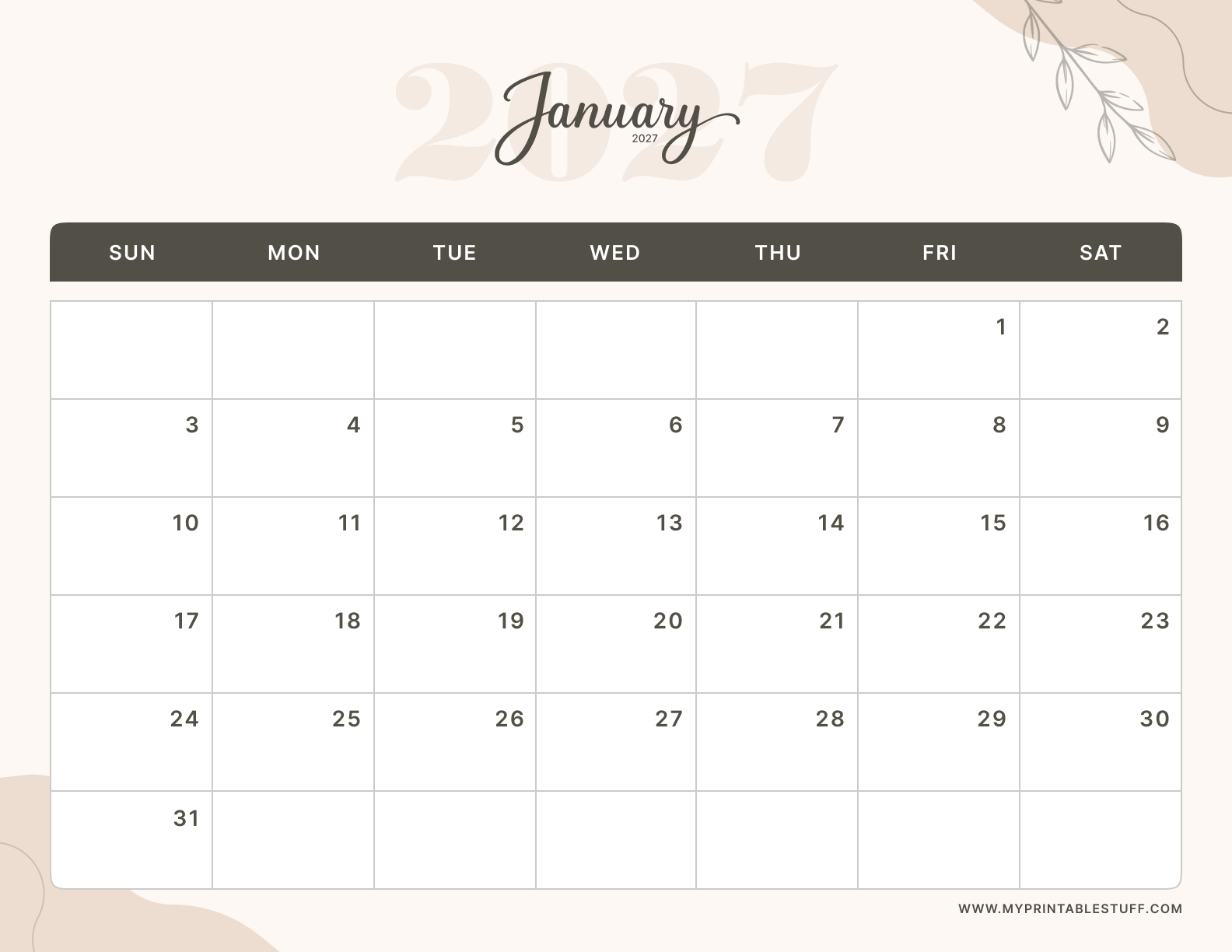 Soft Elegance Design January 2027 Calendar Landscape