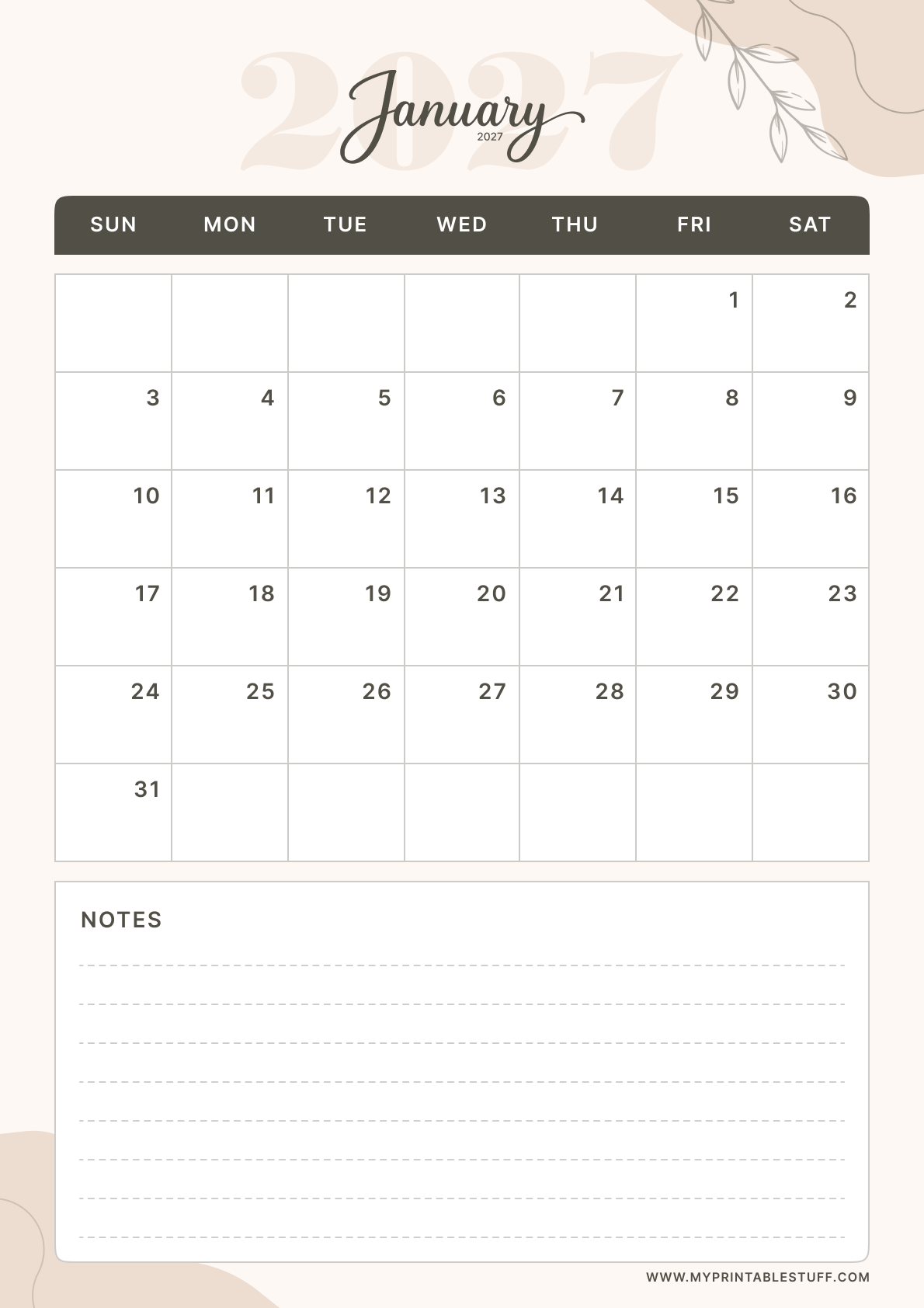 Soft Elegance Design January 2027 Calendar Portrait