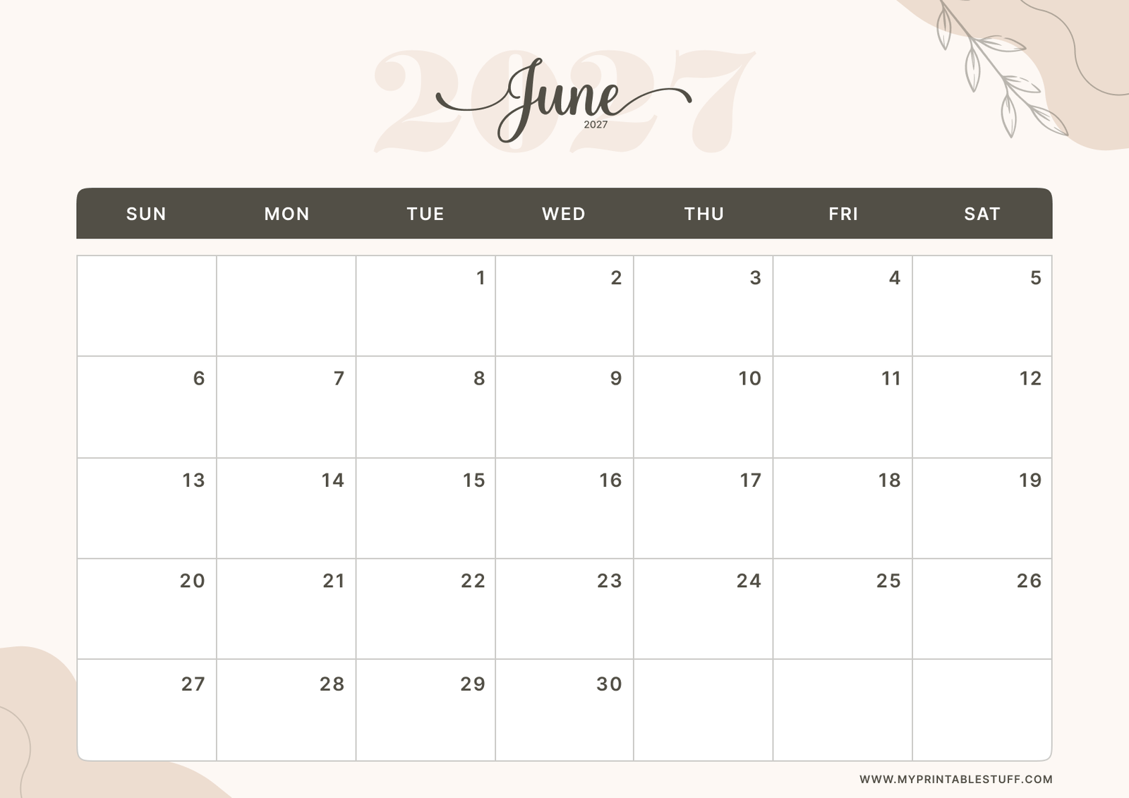 Soft Elegance Design June 2027 Calendar Landscape