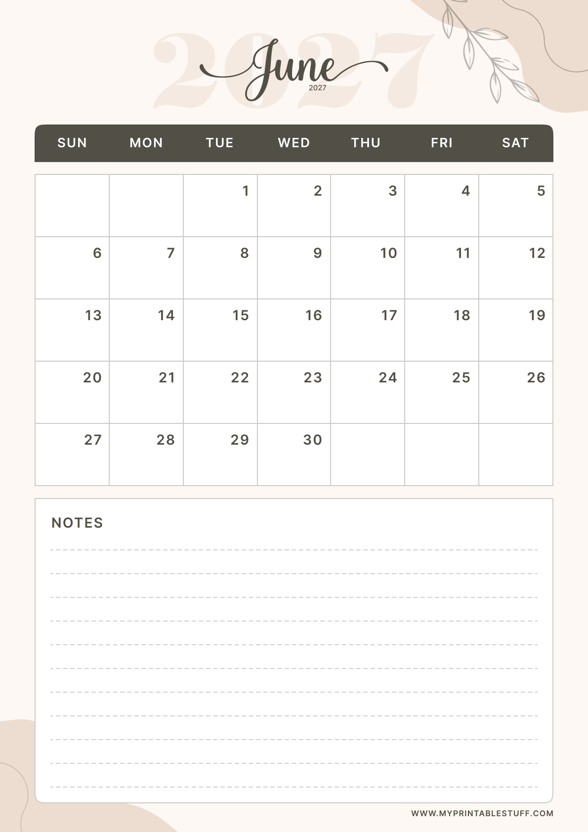 Soft Elegance Design June 2027 Calendar Portrait