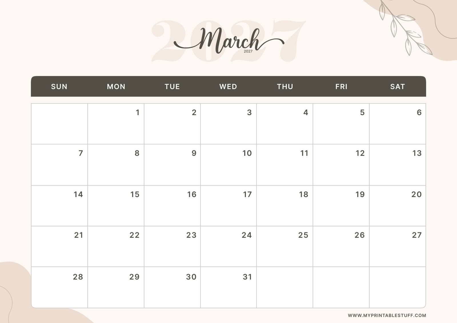 Soft Elegance Design March 2027 Calendar Landscape