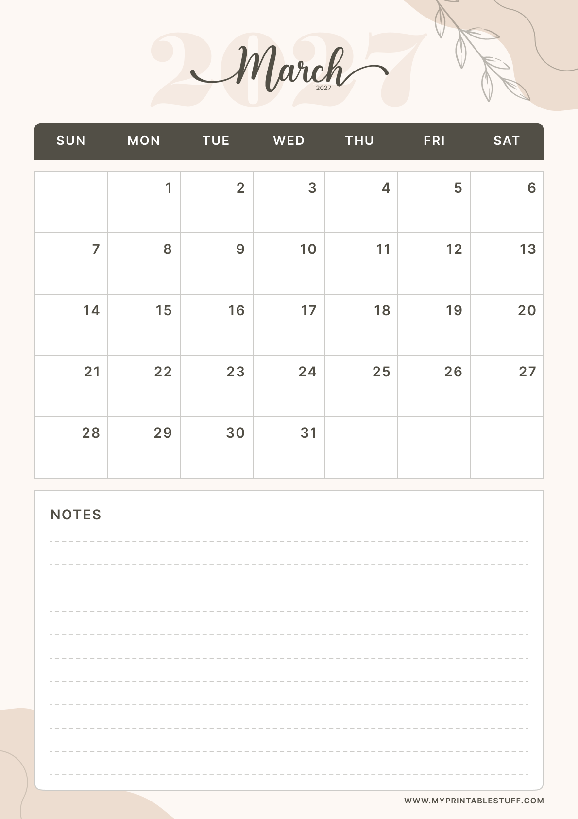 Soft Elegance Design March 2027 Calendar Portrait