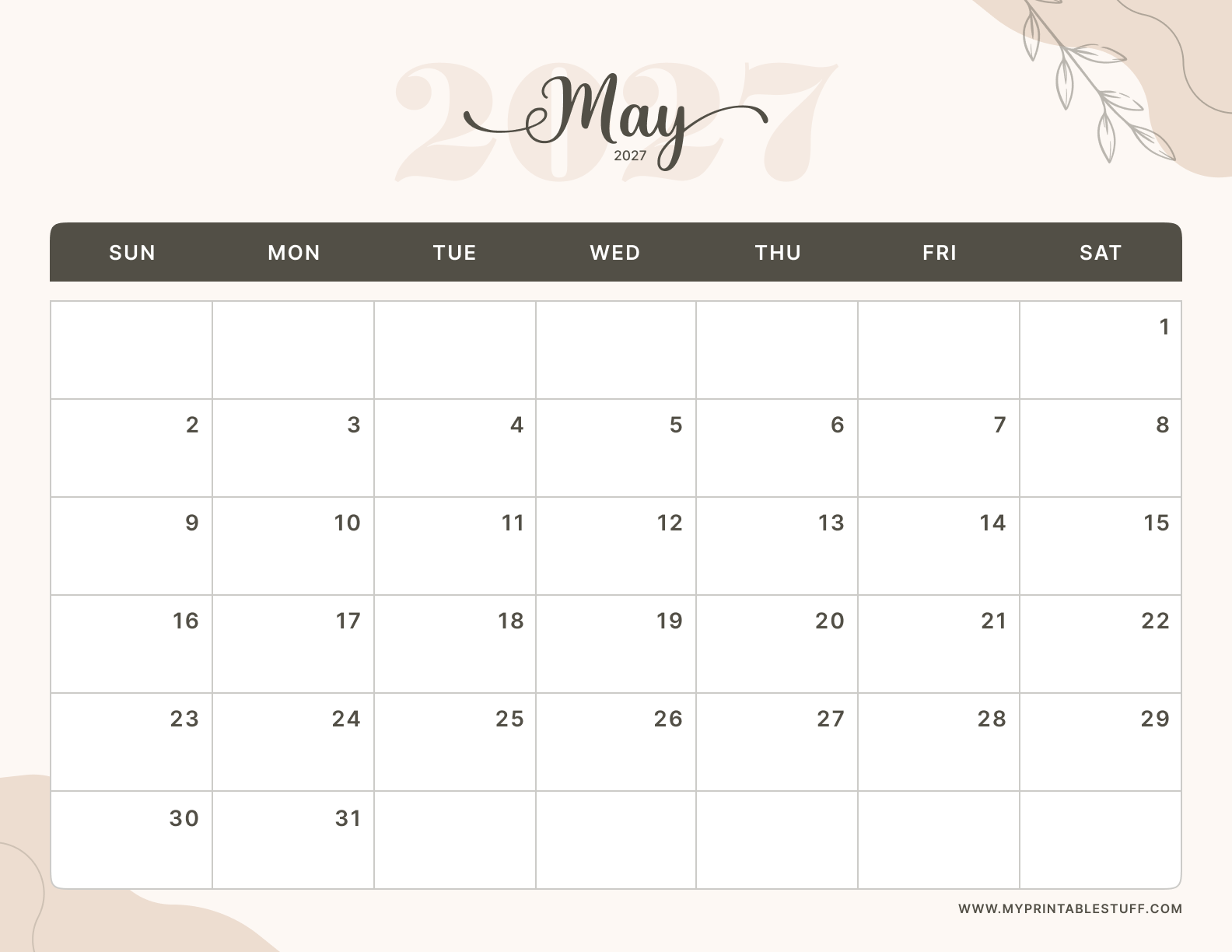 Soft Elegance Design May 2027 Calendar Landscape