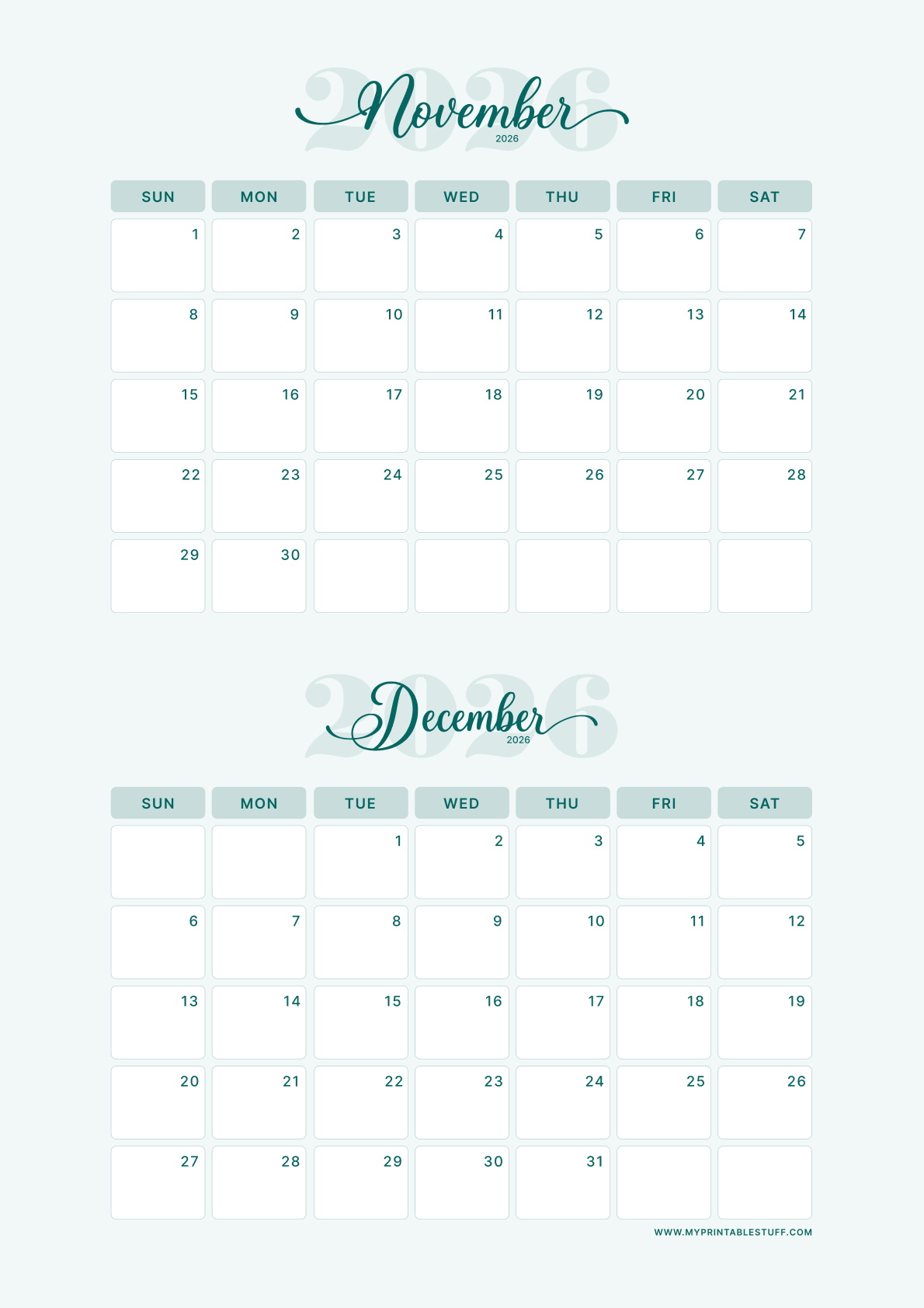 Teal Elegance Design November December 2026 Calendar Portrait