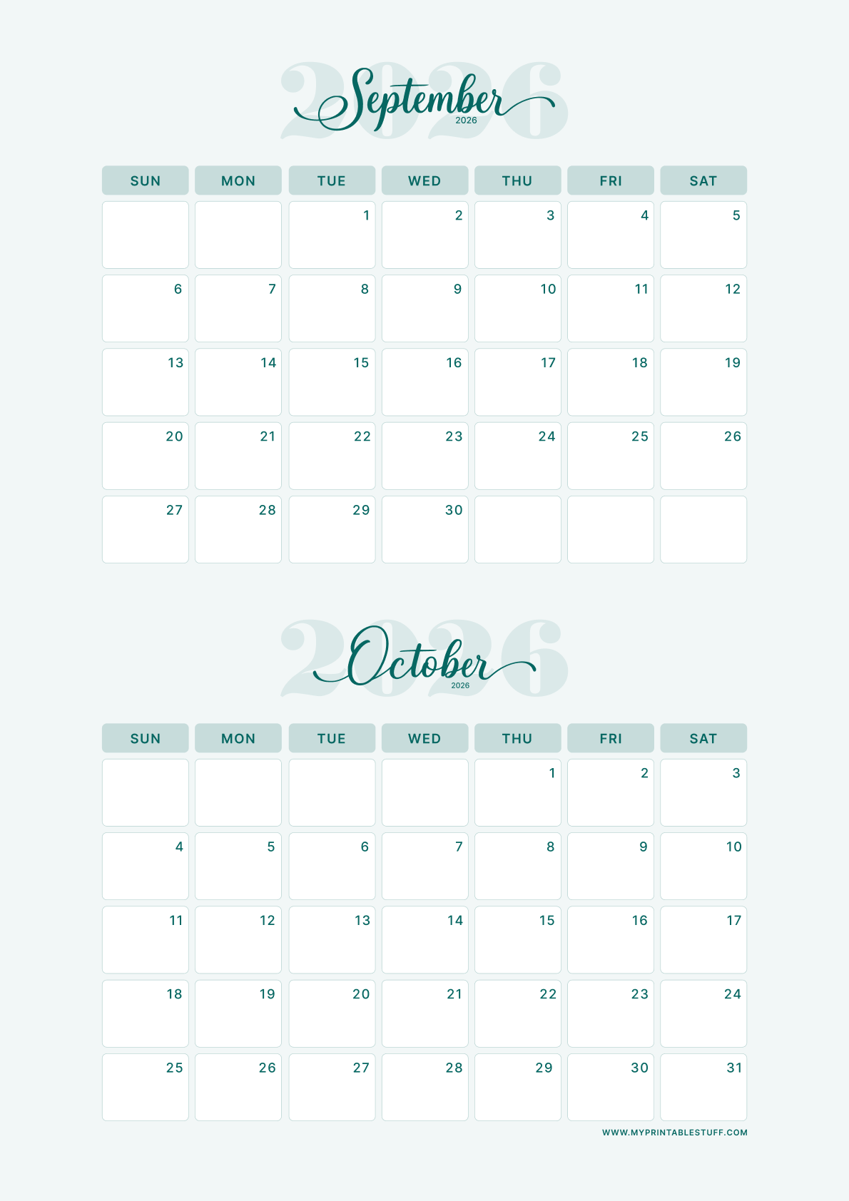 Teal Elegance Design September October 2026 Calendar Portrait