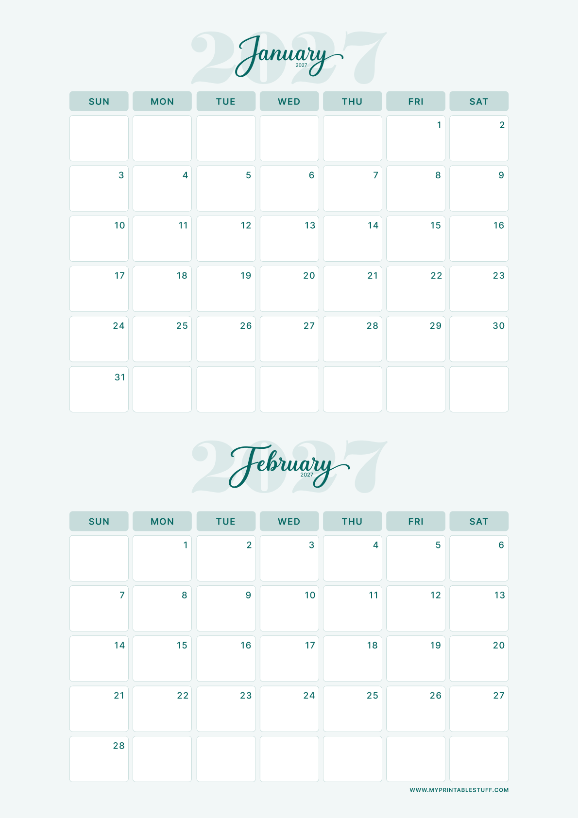 Teal Elegance Design January February 2027 Calendar Portrait
