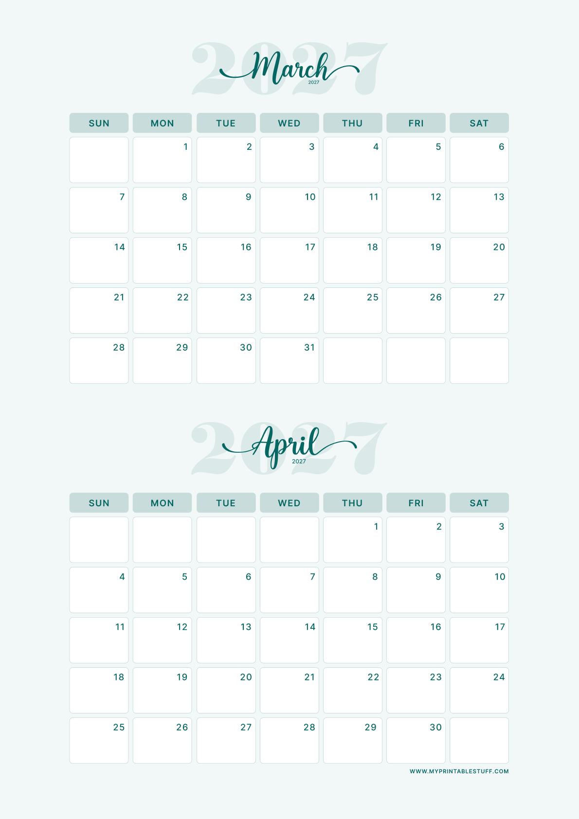 Teal Elegance Design March April 2027 Calendar Portrait