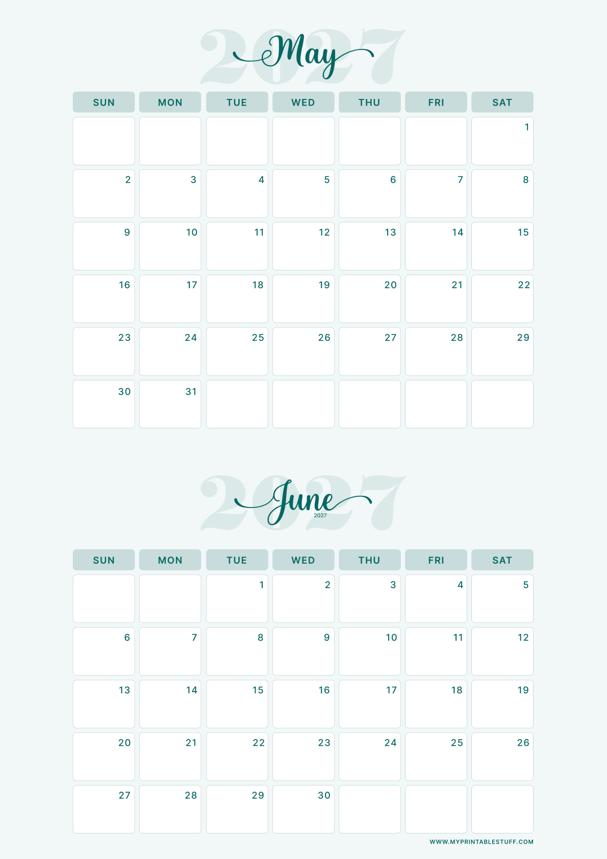 Teal Elegance Design May June 2027 Calendar Portrait