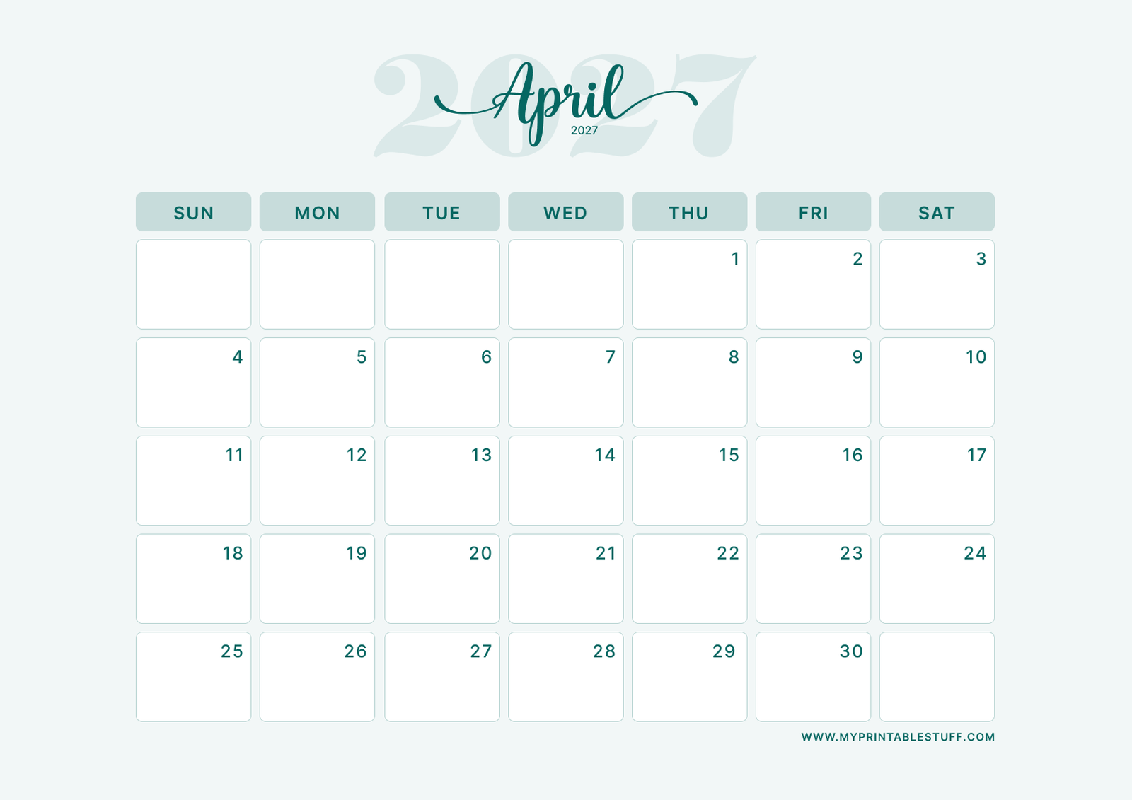 Teal Elegance Design April 2027 Calendar Landscape
