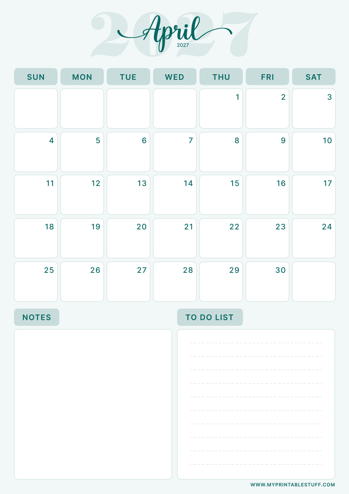 Teal Elegance Design April 2027 Calendar Portrait