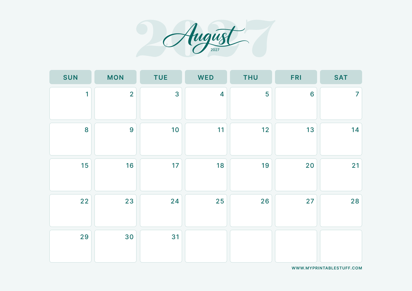 Teal Elegance Design August 2027 Calendar Landscape