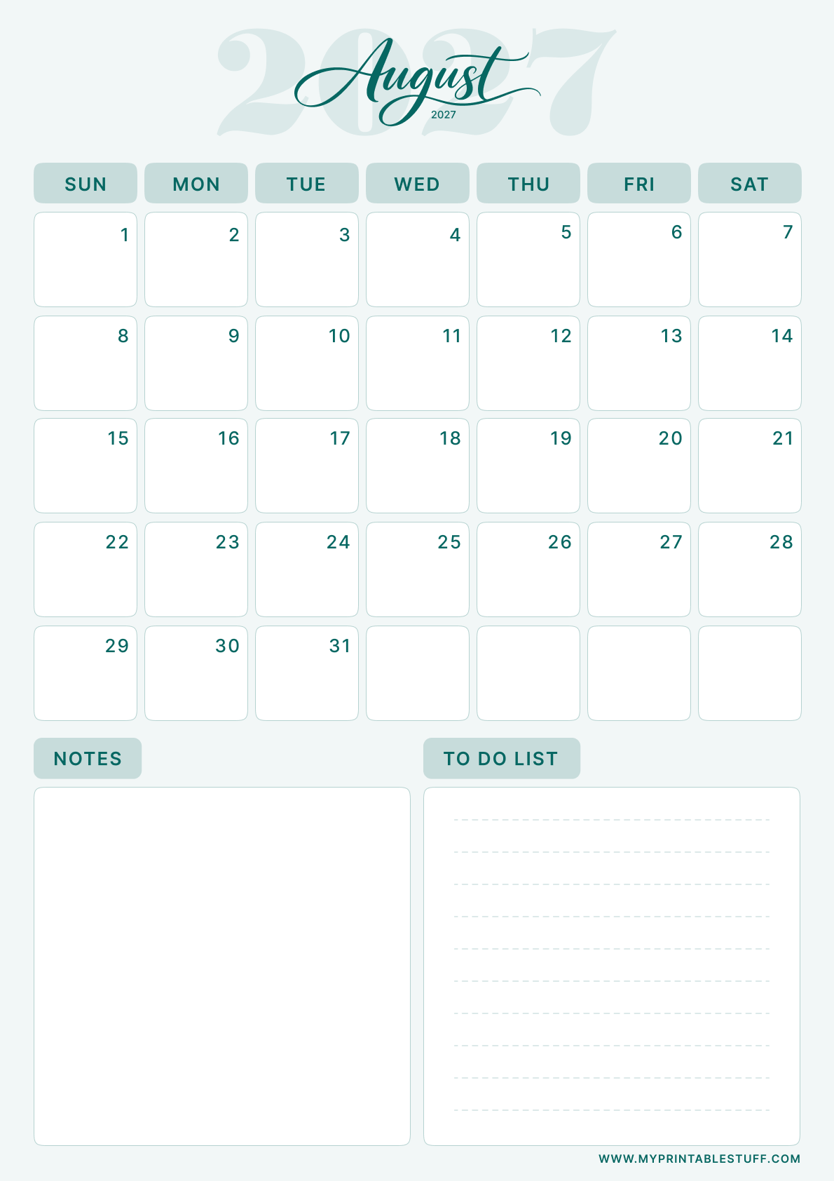 Teal Elegance Design August 2027 Calendar Portrait