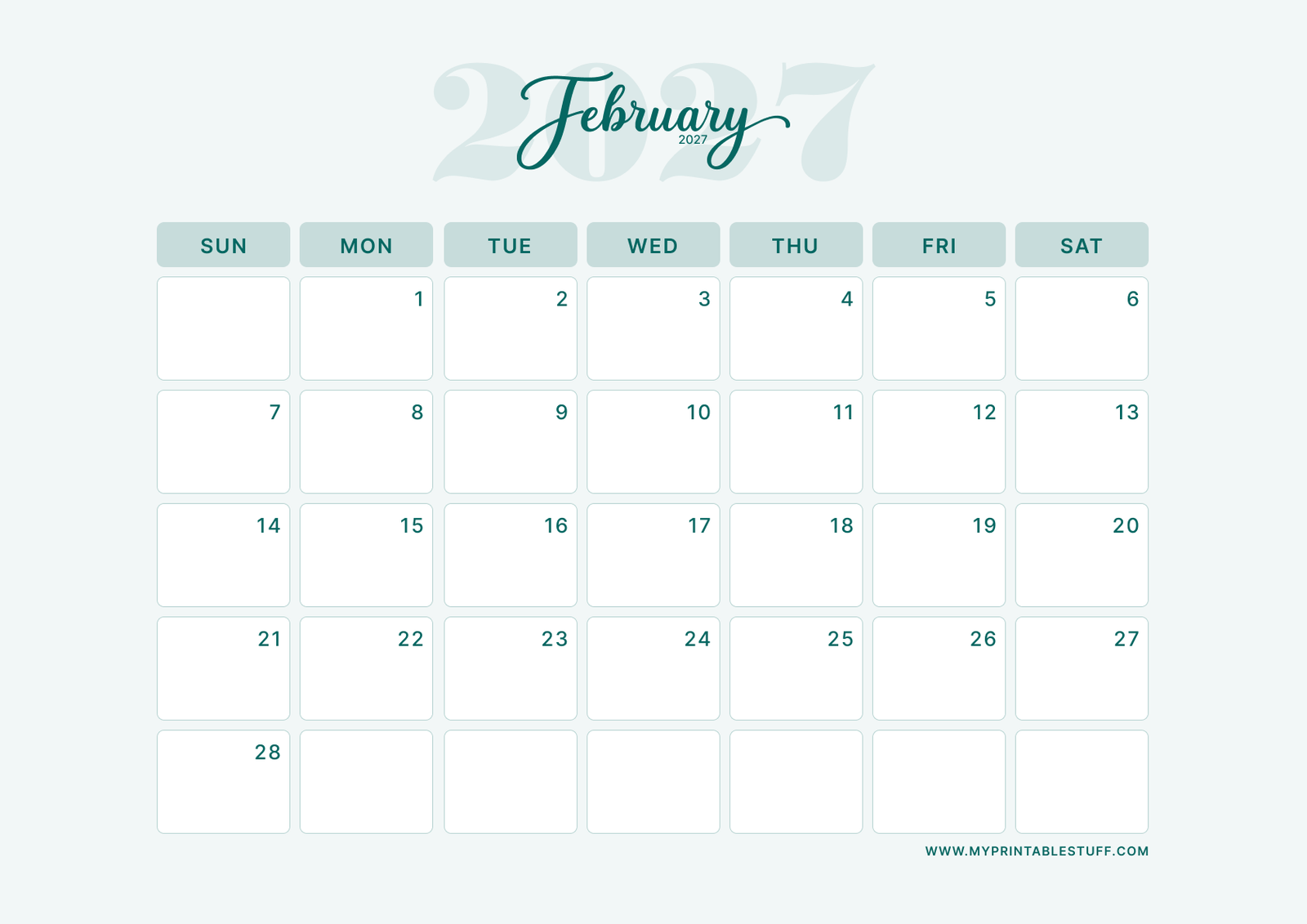 Teal Elegance Design February 2027 Calendar Landscape
