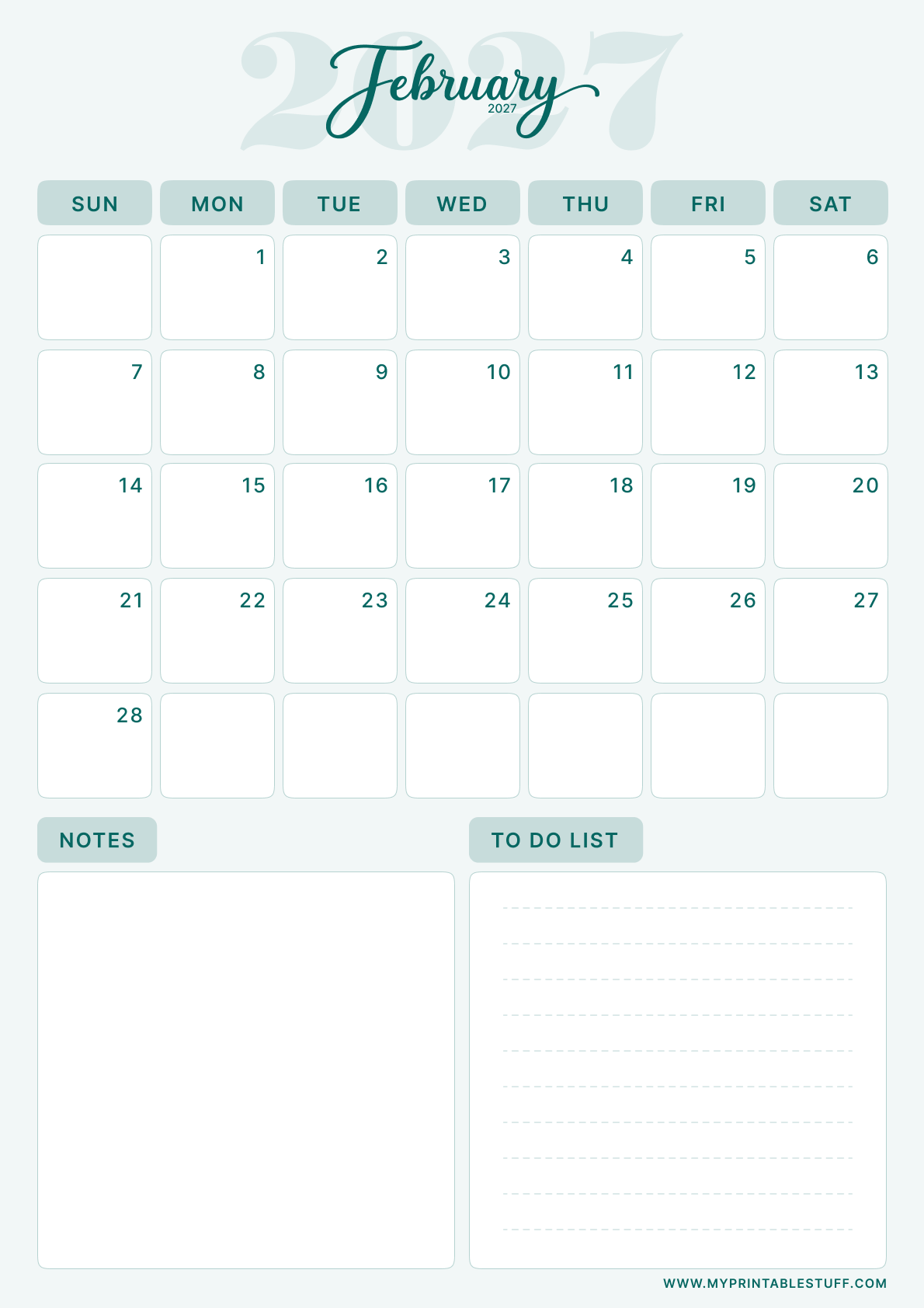 Teal Elegance Design February 2027 Calendar Portrait
