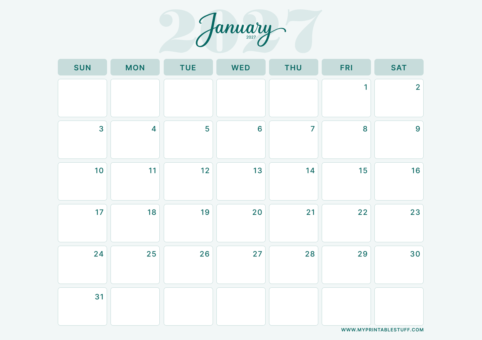 Teal Elegance Design January 2027 Calendar Landscape