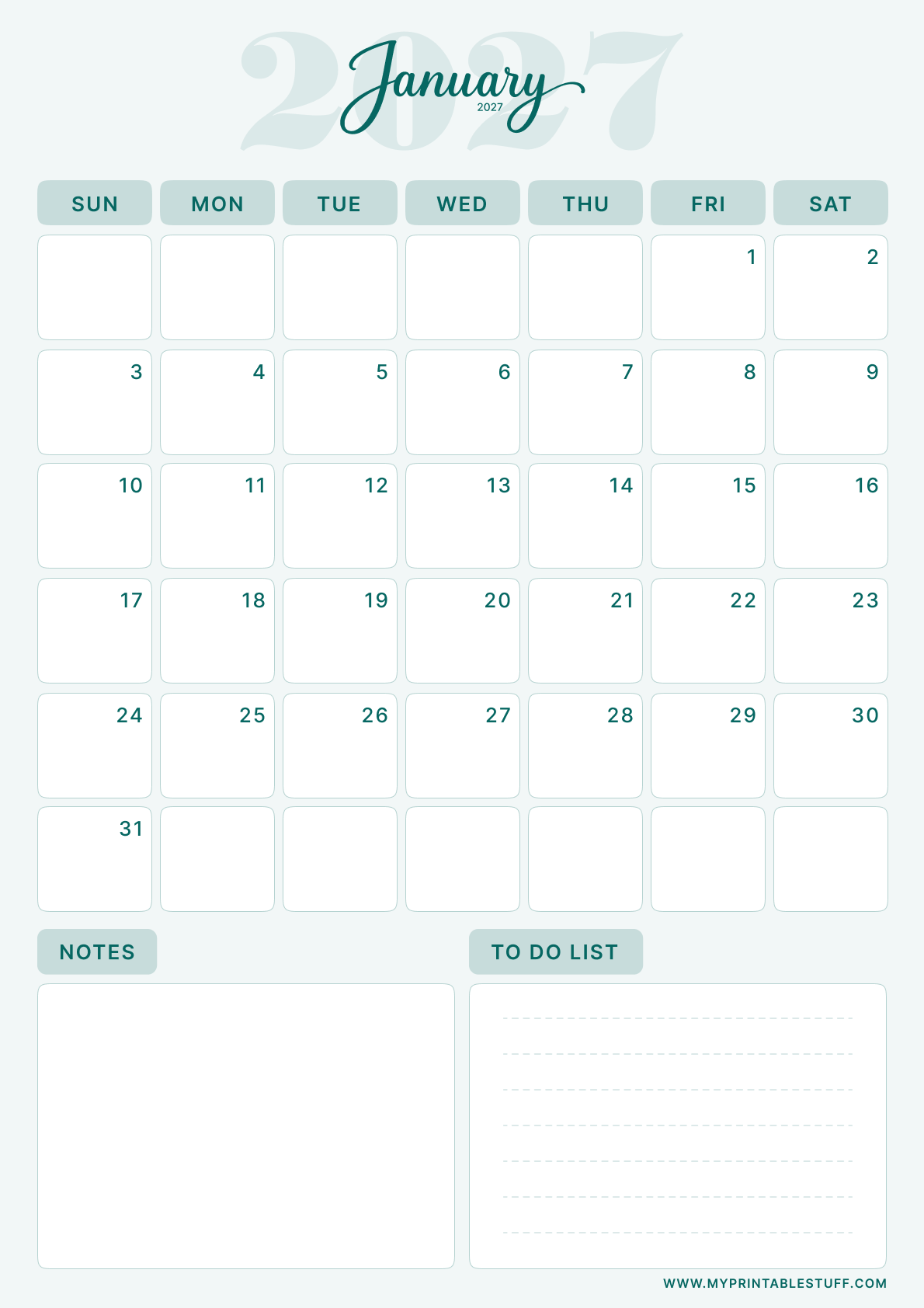 Teal Elegance Design January 2027 Calendar Portrait