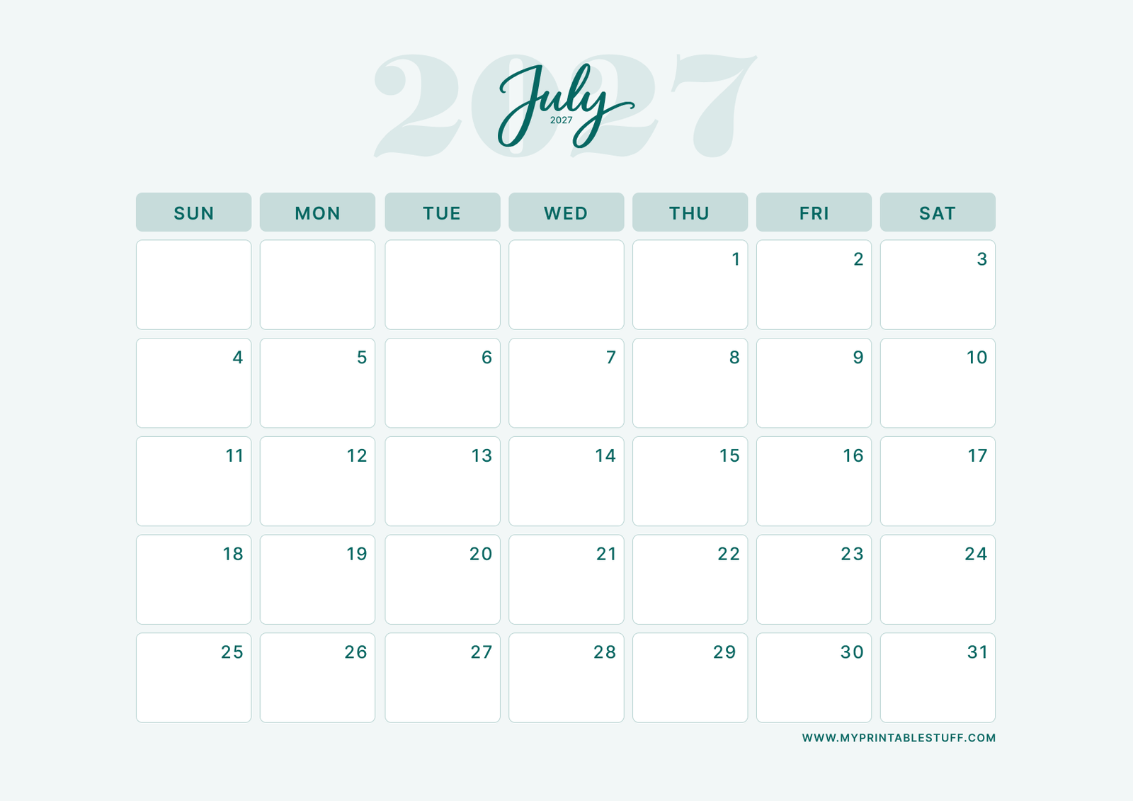 Teal Elegance Design July 2027 Calendar Landscape