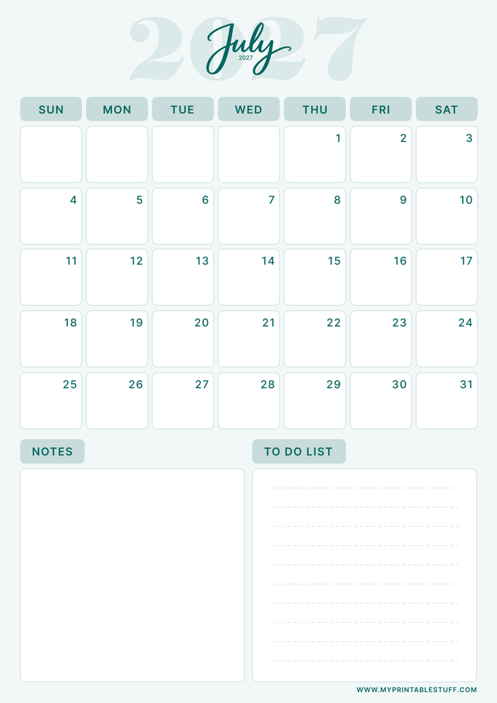 Teal Elegance Design July 2027 Calendar Portrait