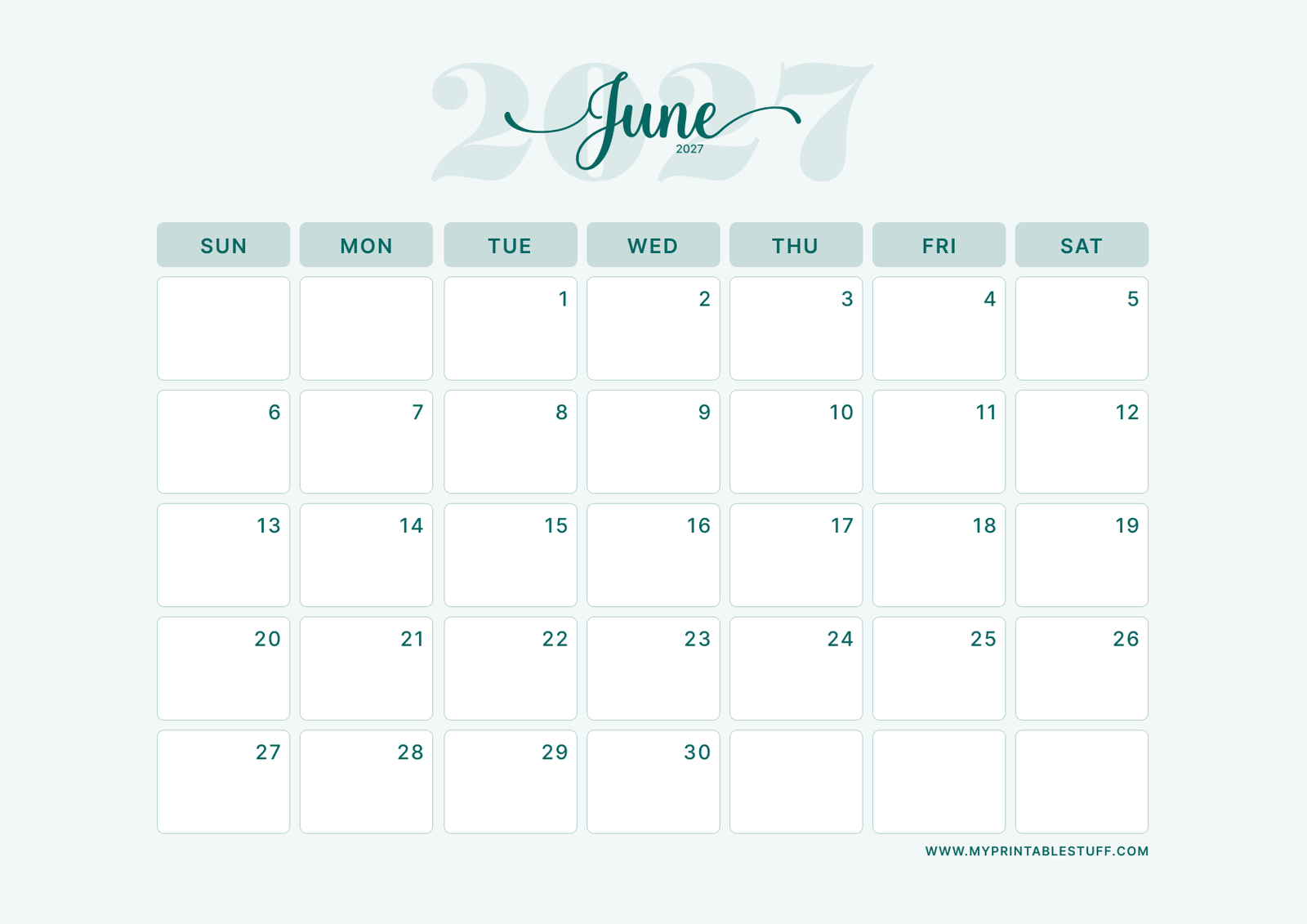 Teal Elegance Design June 2027 Calendar Landscape