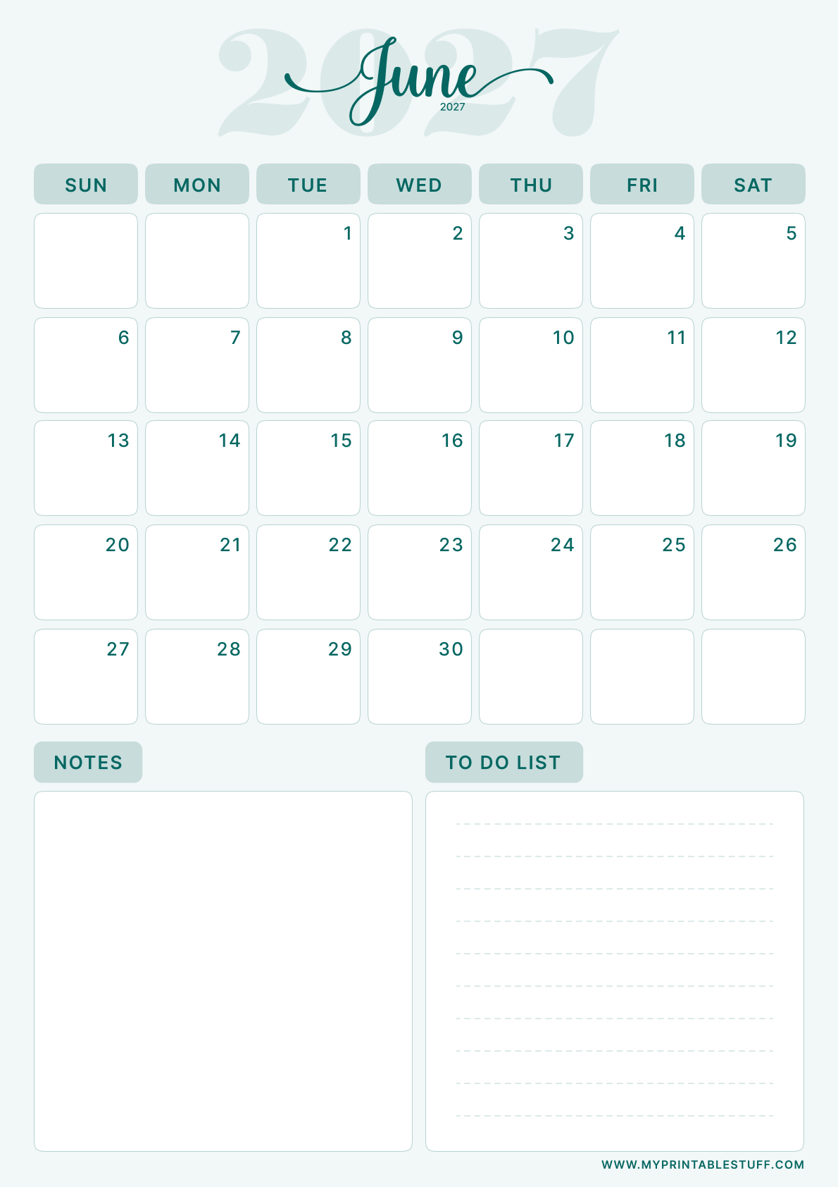 Teal Elegance Design June 2027 Calendar Portrait