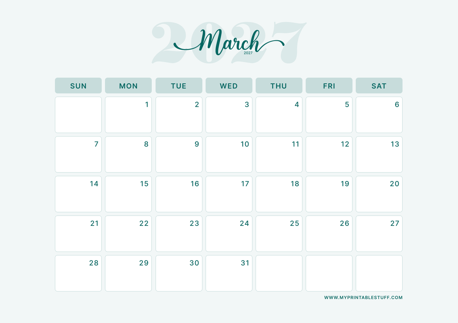Teal Elegance Design March 2027 Calendar Landscape