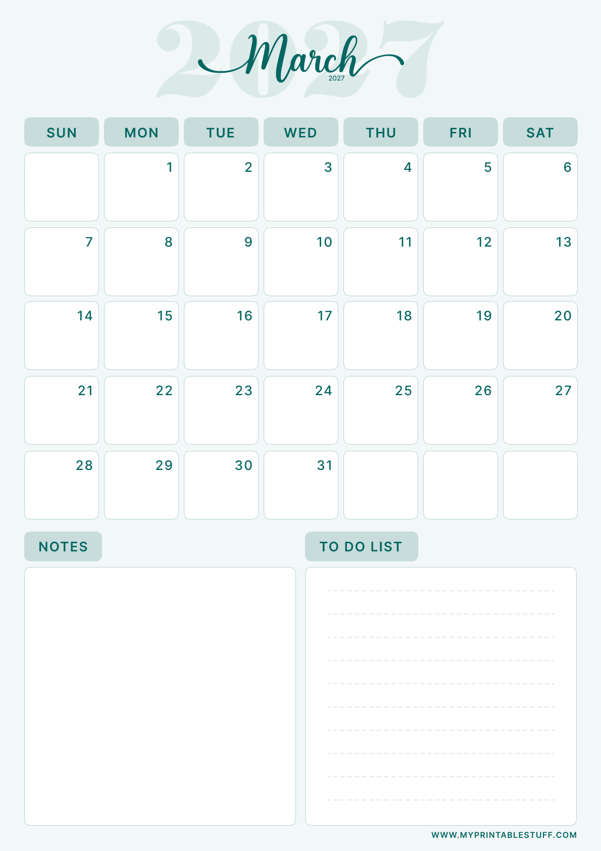 Teal Elegance Design March 2027 Calendar Portrait
