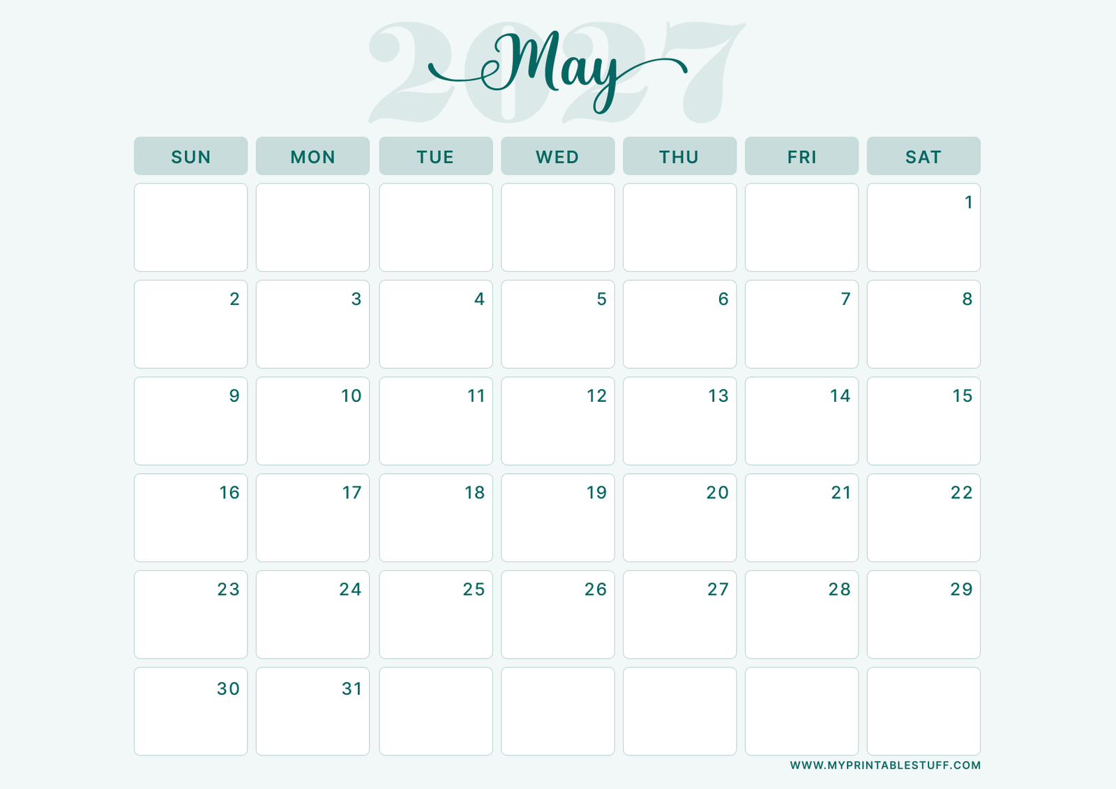 Teal Elegance Design May 2027 Calendar Landscape