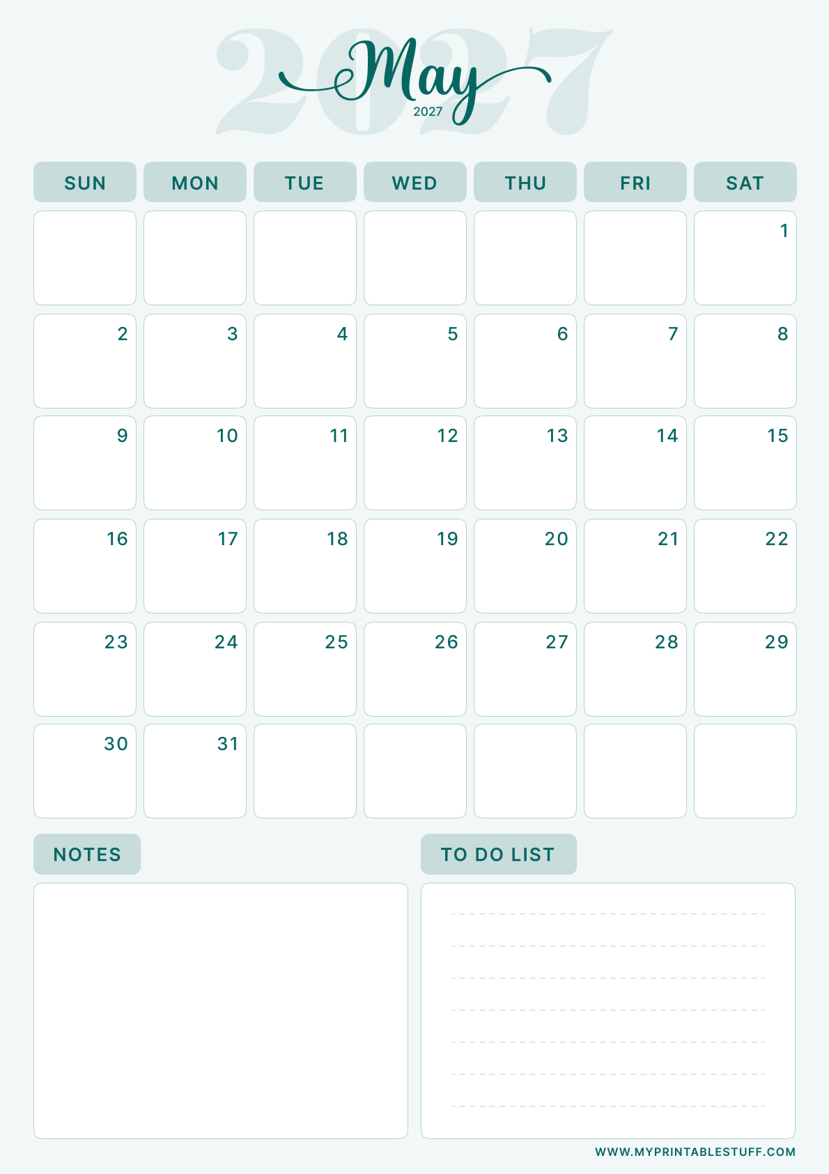 Teal Elegance Design May 2027 Calendar Portrait