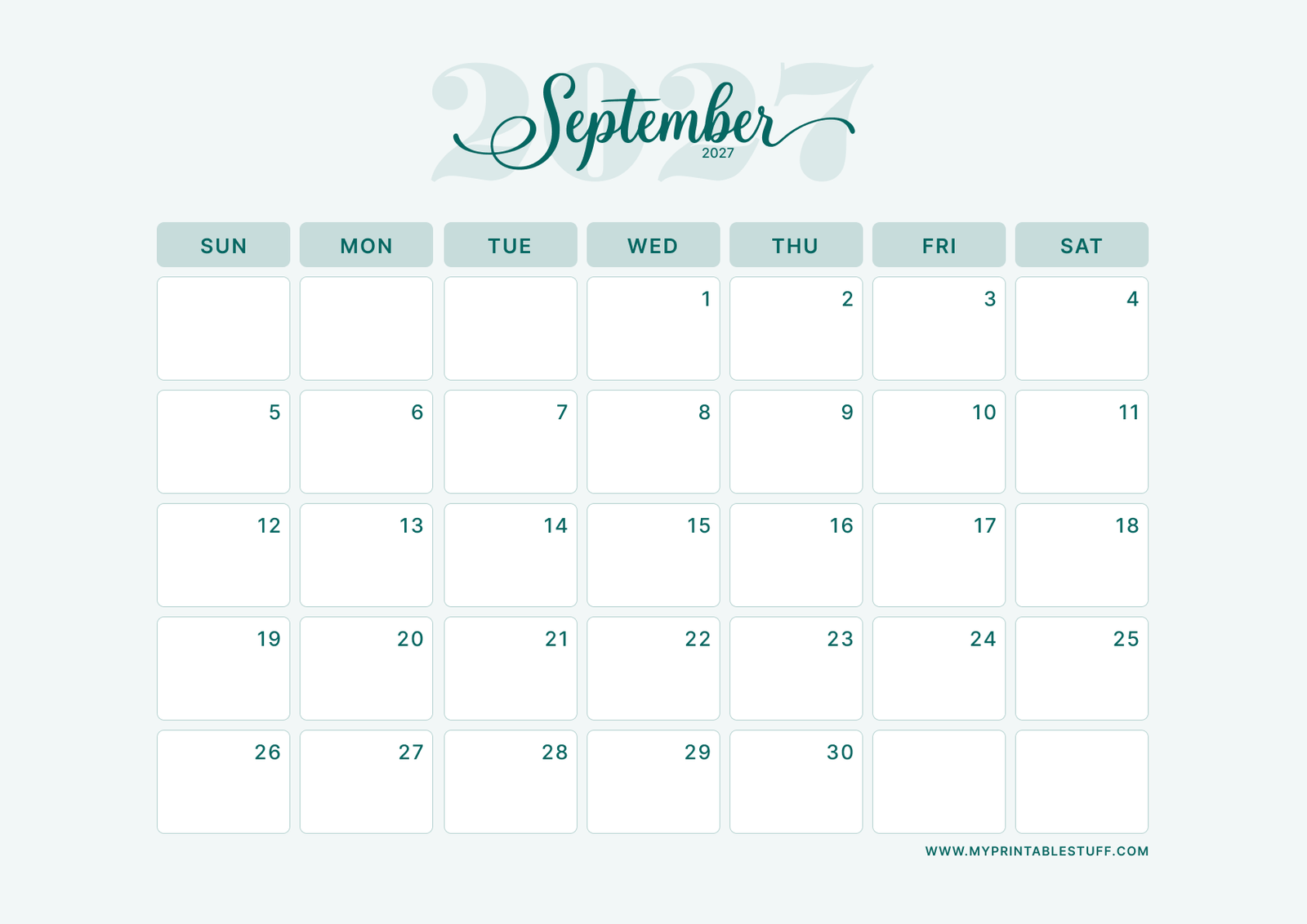 Teal Elegance Design September 2027 Calendar Landscape