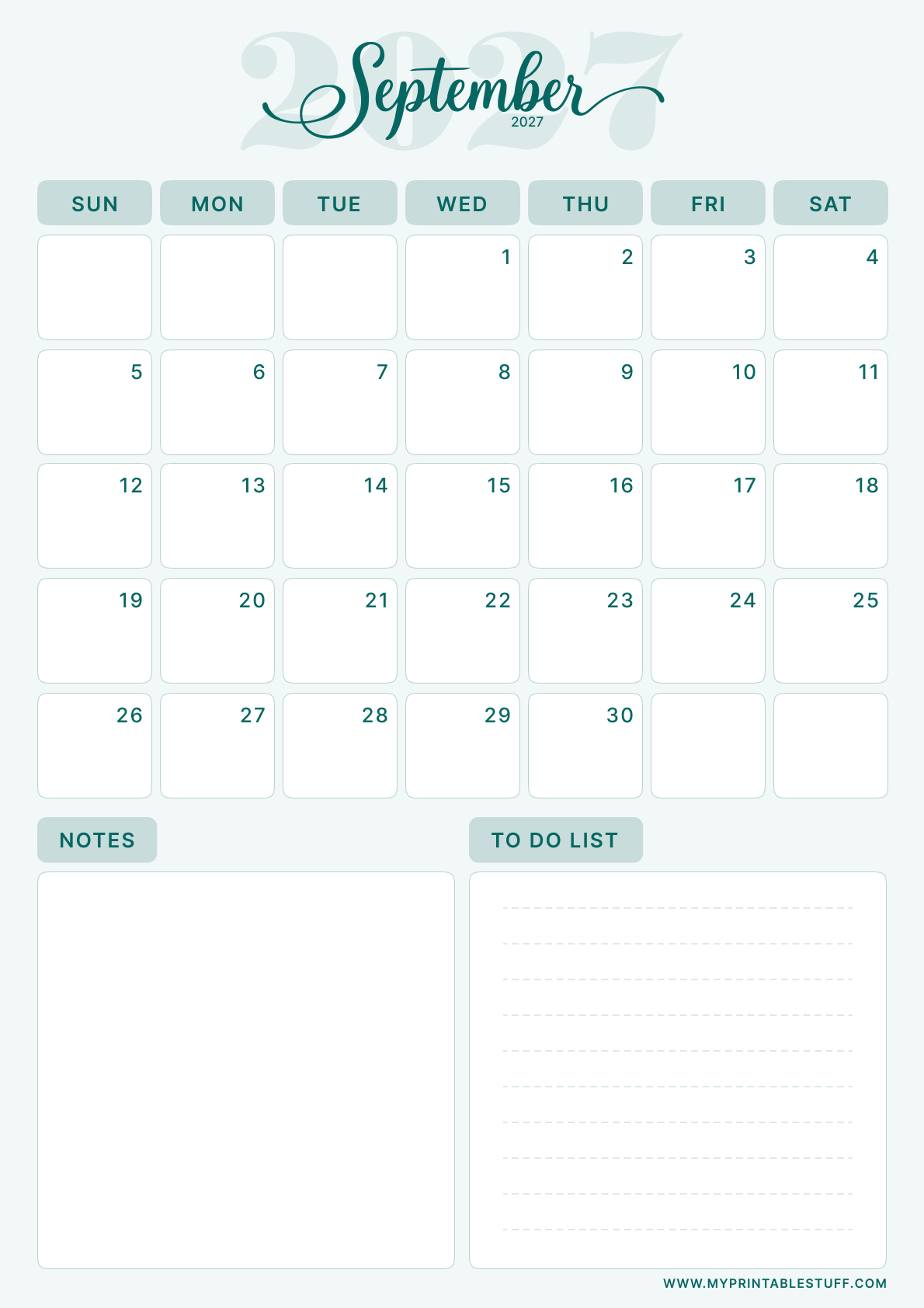 Teal Elegance Design September 2027 Calendar Portrait