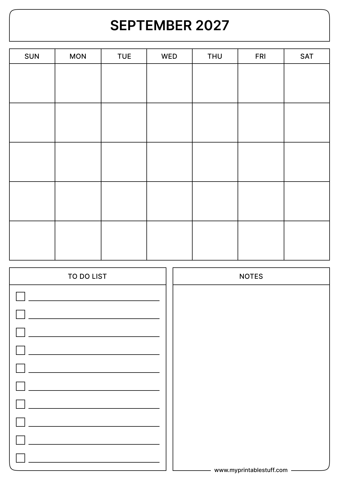 Blank Printable September 2027 Calendar Portrait