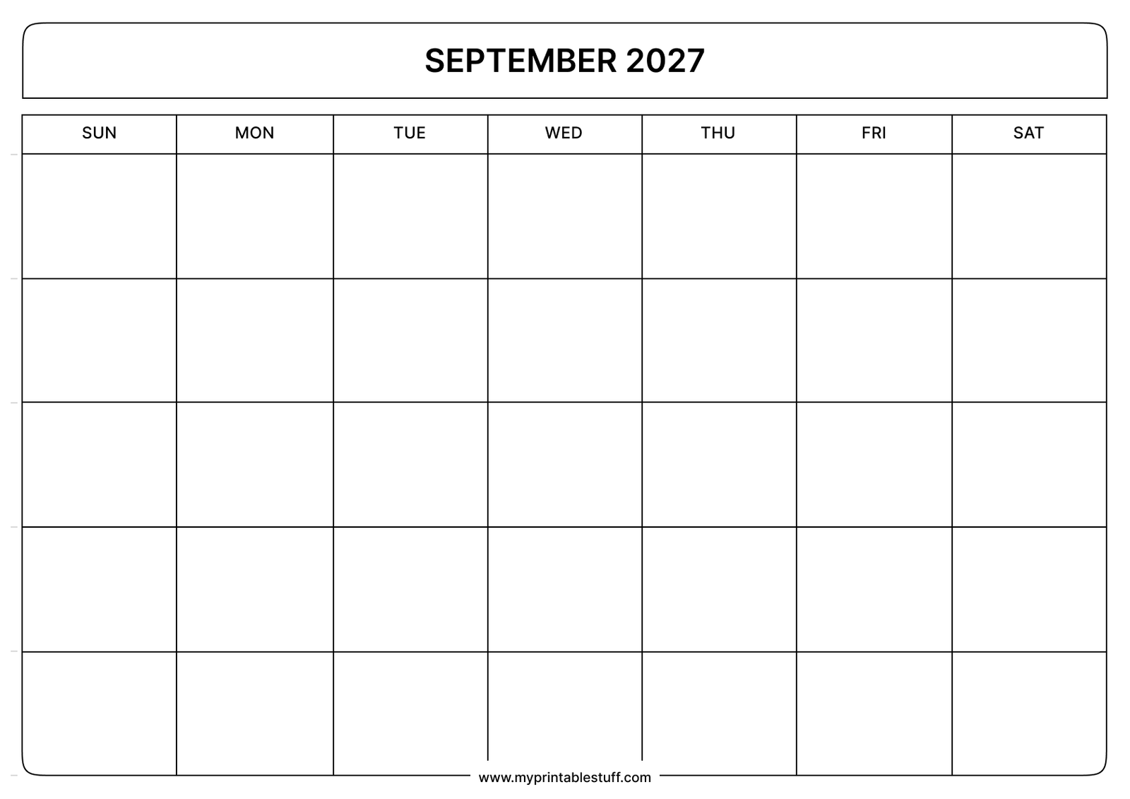 Blank Printable September 2027 Calendar Landscape