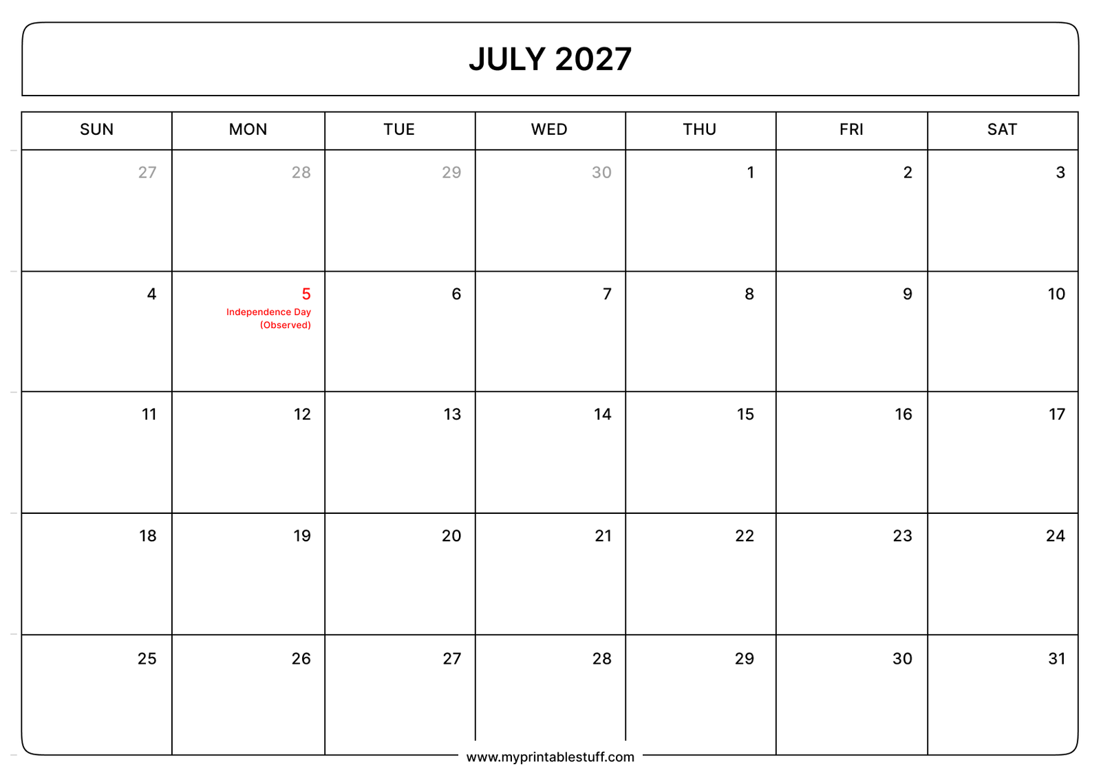 Printable July 2027 Calendar With US Holidays Landscape