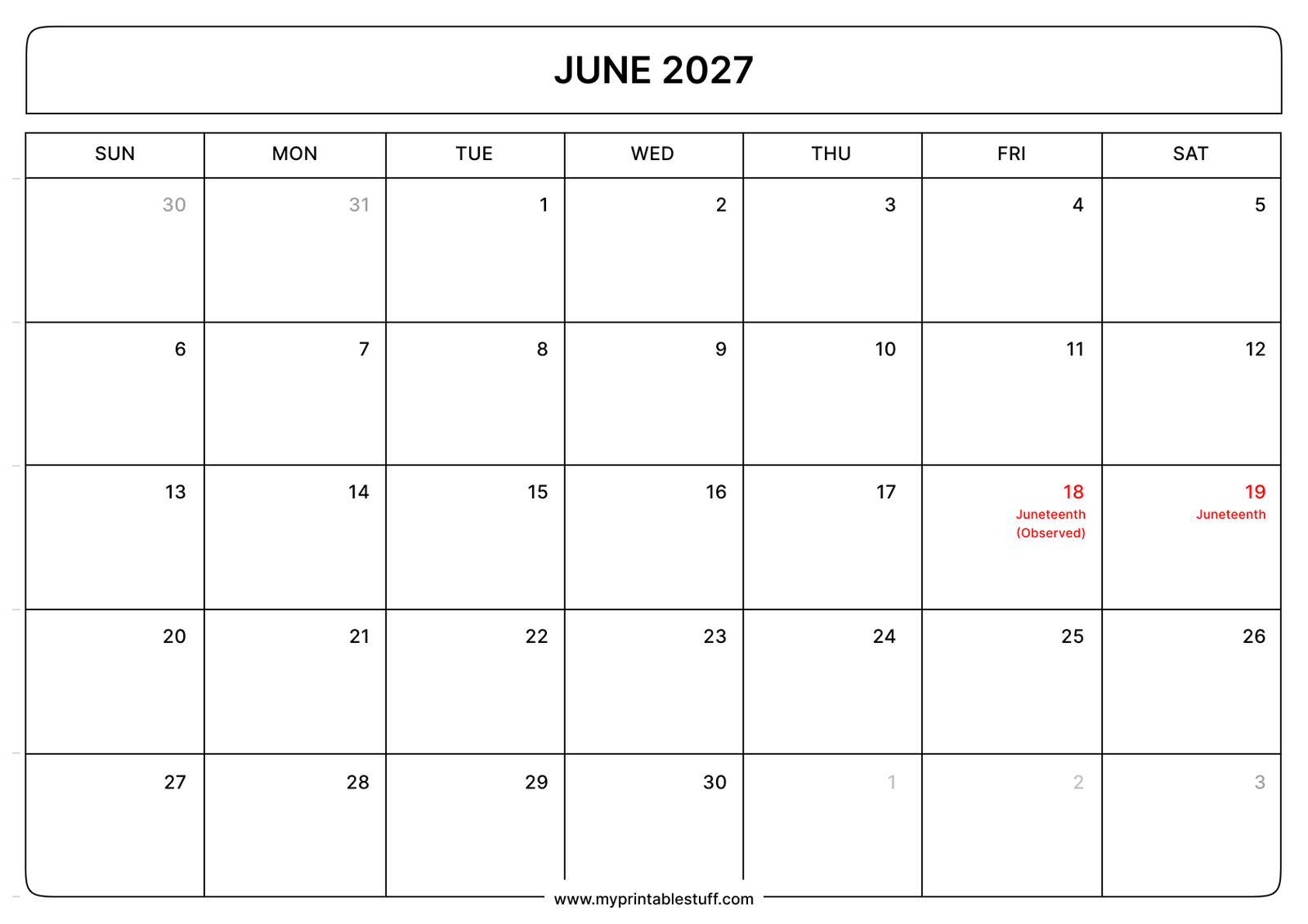 Printable June 2027 Calendar With US Holidays Landscape