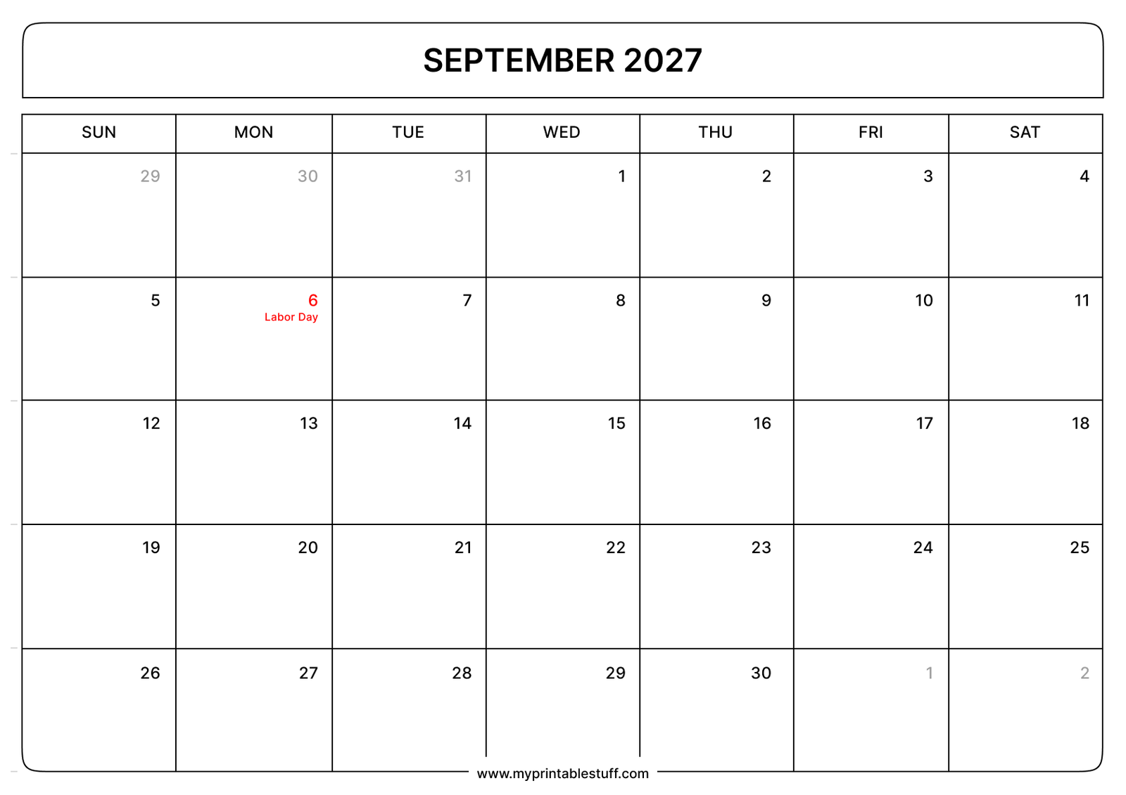 Printable September 2027 Calendar With US Holidays Landscape