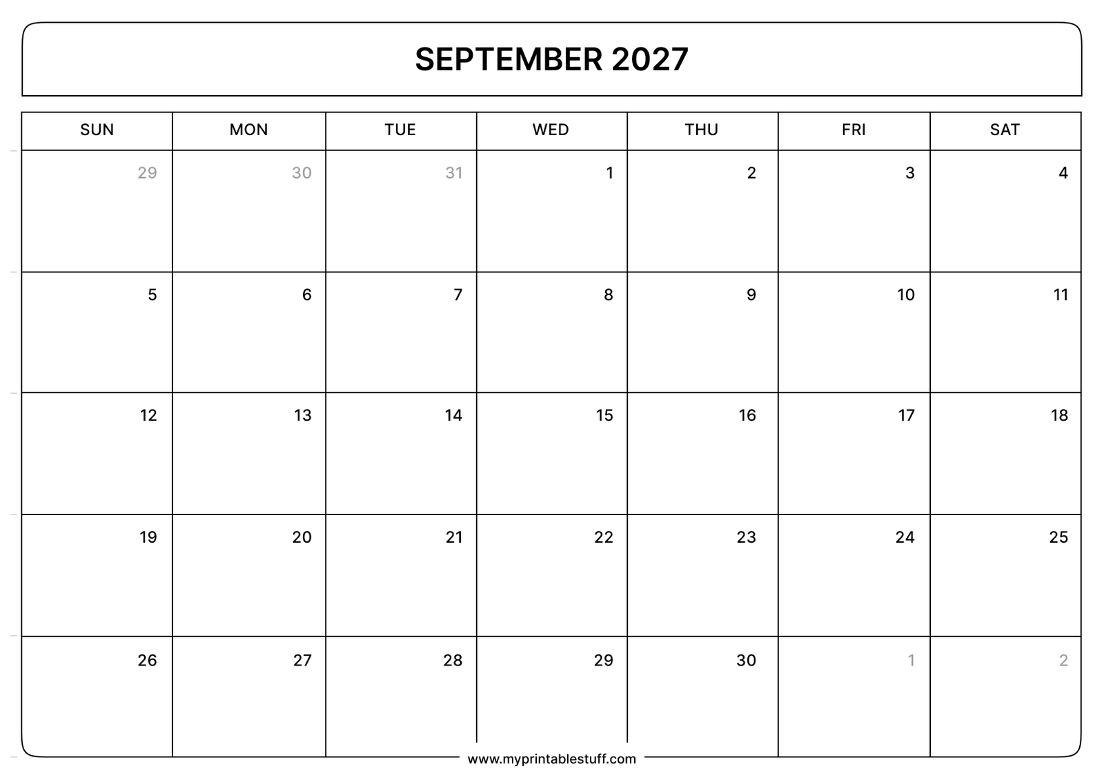 September 2027 Calendar Landscape