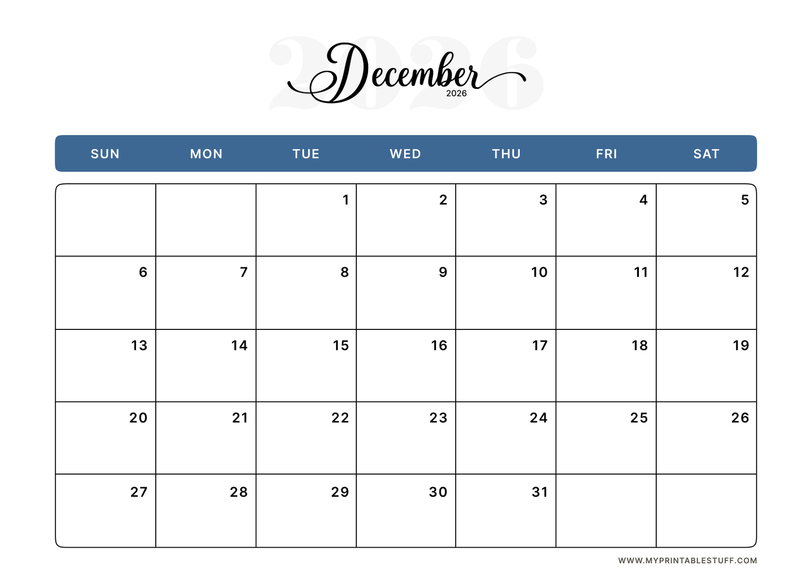 Classic Blue Design December 2026 Calendar Landscape