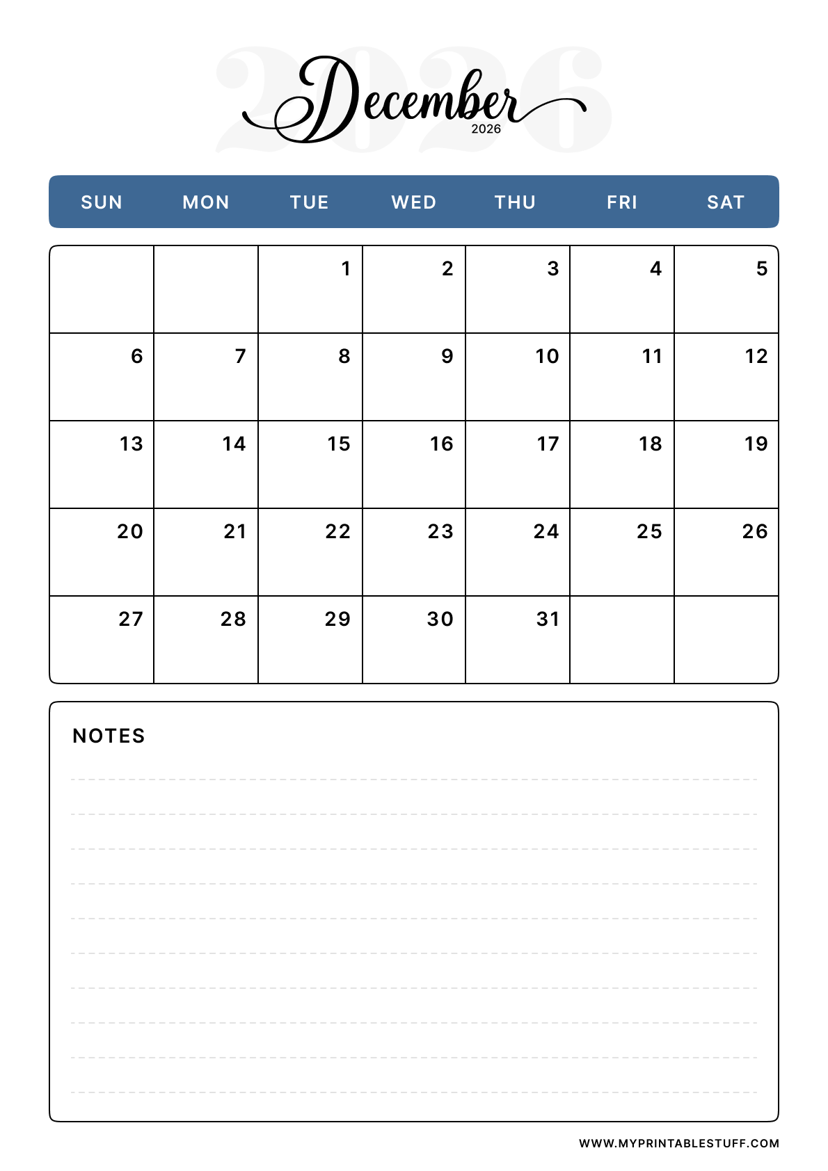 Classic Blue Design December 2026 Calendar Portrait