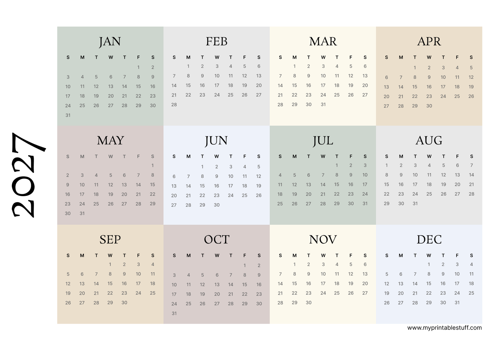 Earthy Modern Grid 2027 Calendar Landscape