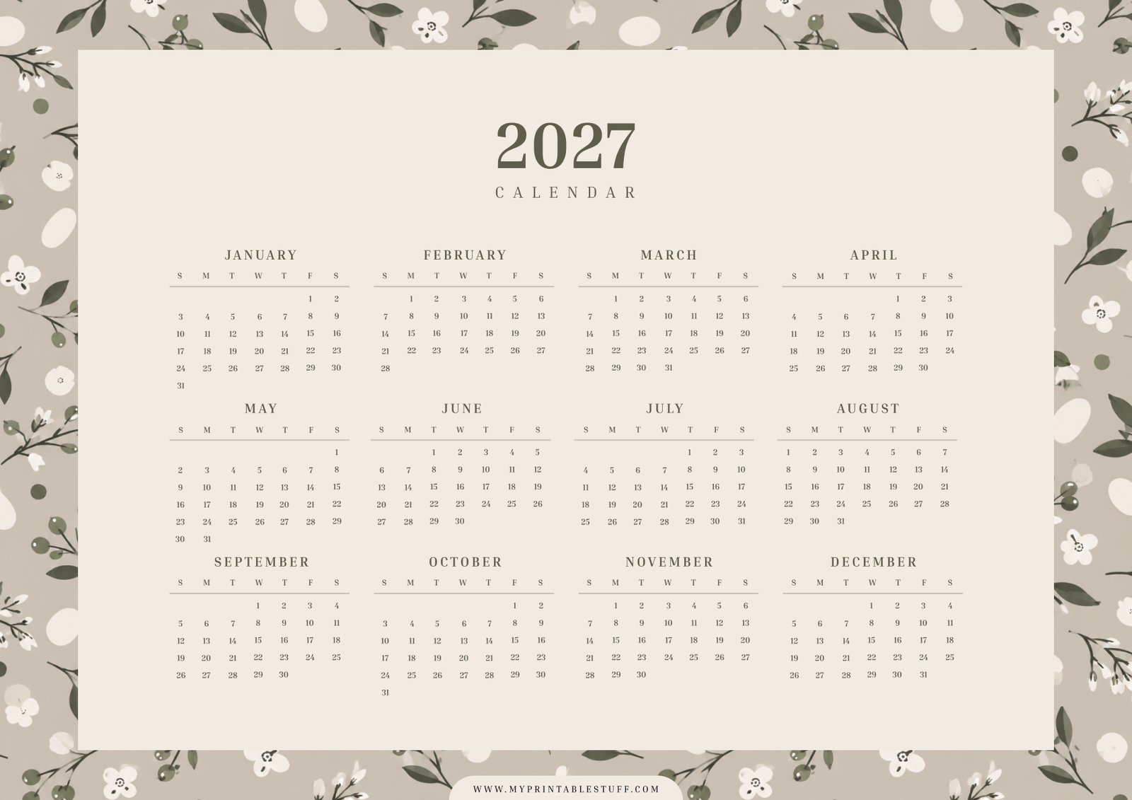 Floral Border 2027 Calendar Landscape