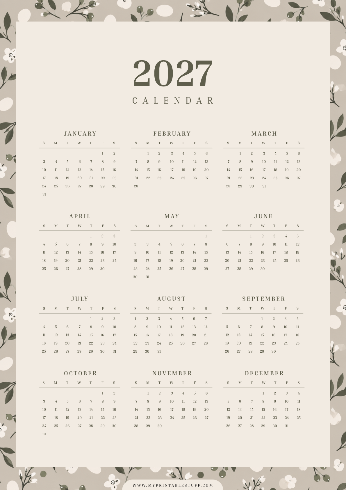 Floral Border 2027 Calendar Portrait