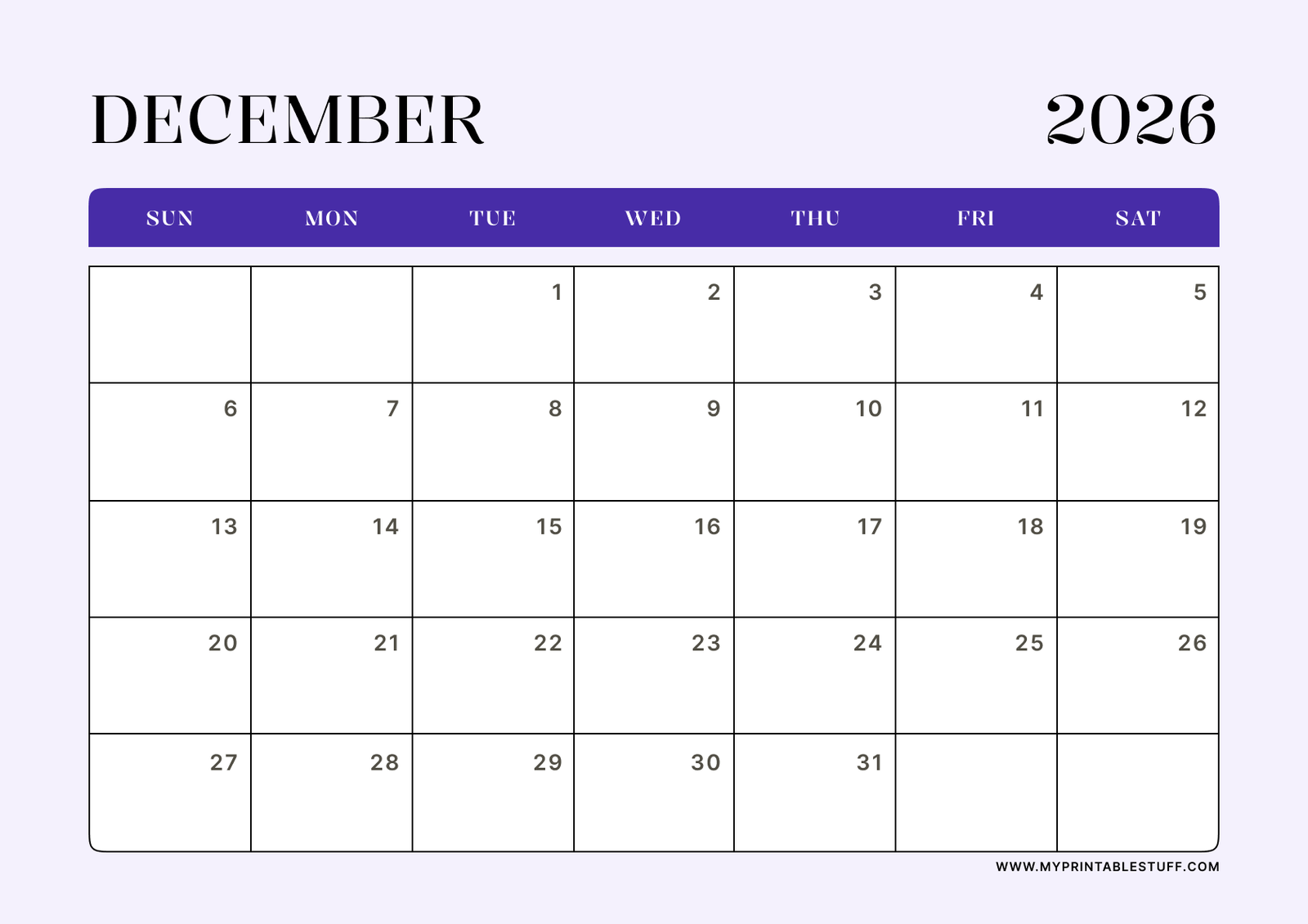 Lavender Minimal Design December 2026 Calendar Landscape