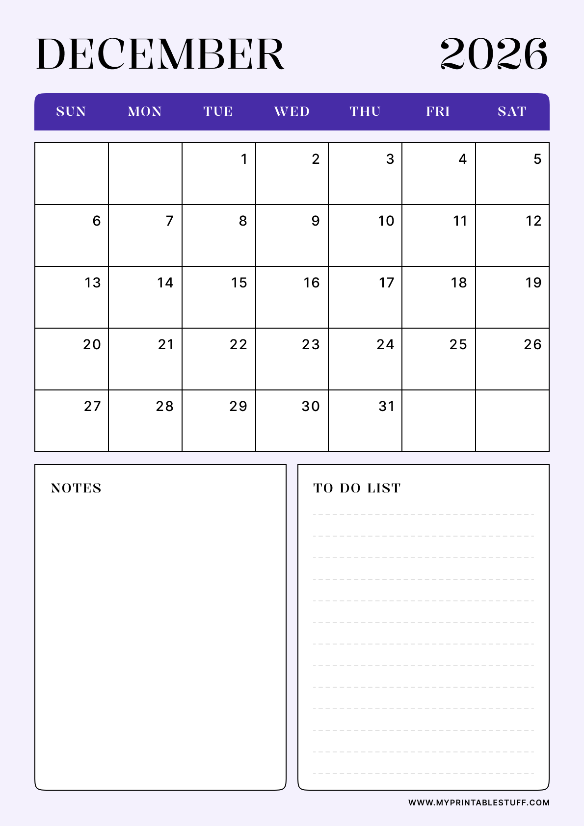 Lavender Minimal Design December 2026 Calendar Portrait